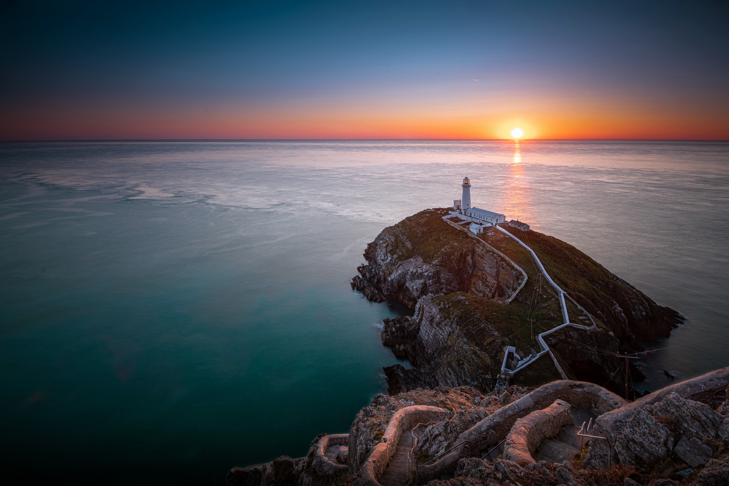 Horizon Lighthouse Ocean Sea Sky Sunset Wales 2560x1707
