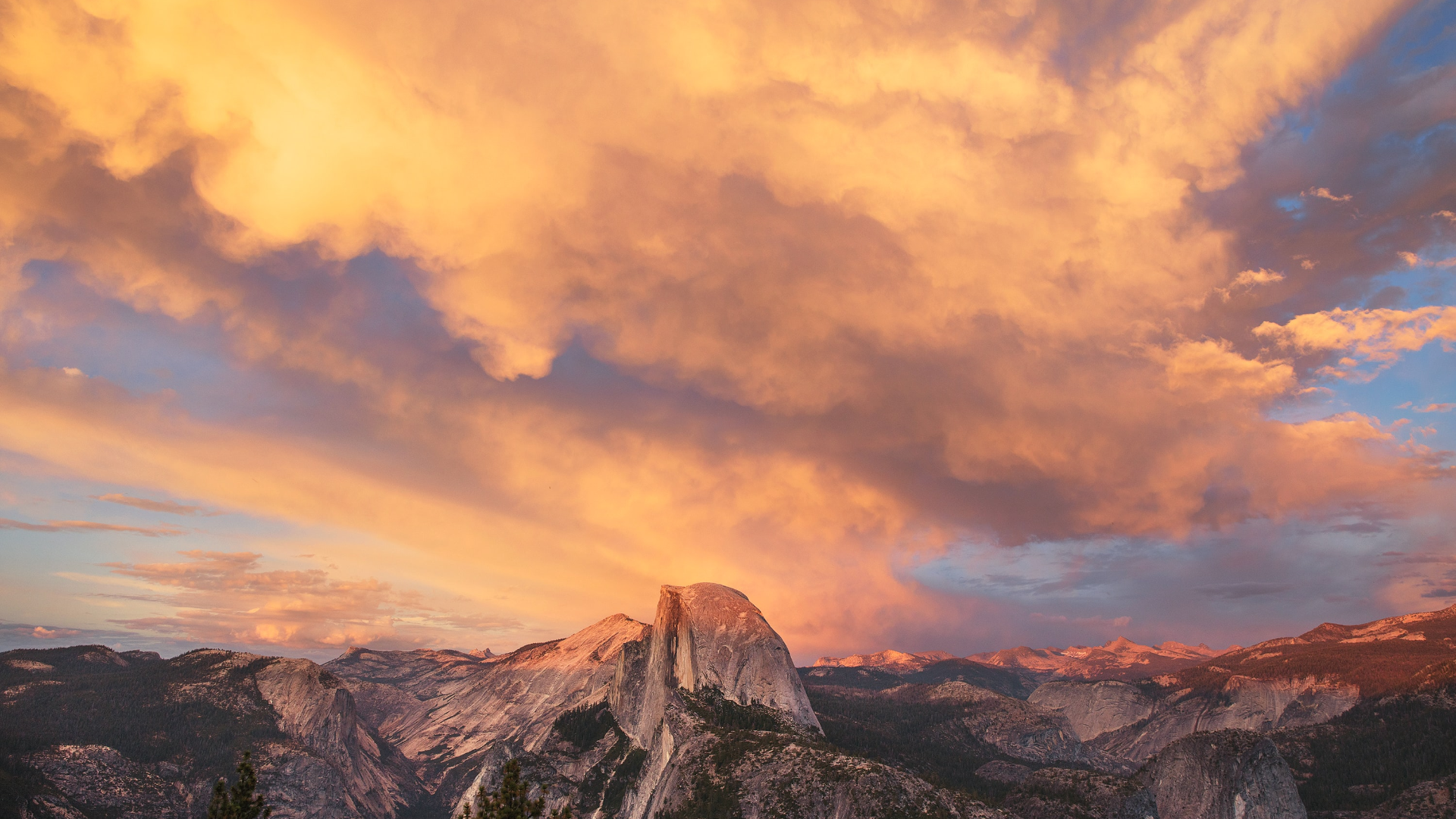 Nature Landscape Mountains Trees Forest Clouds Sky Sunset Far View Yosemite Valley California USA 1920x1080