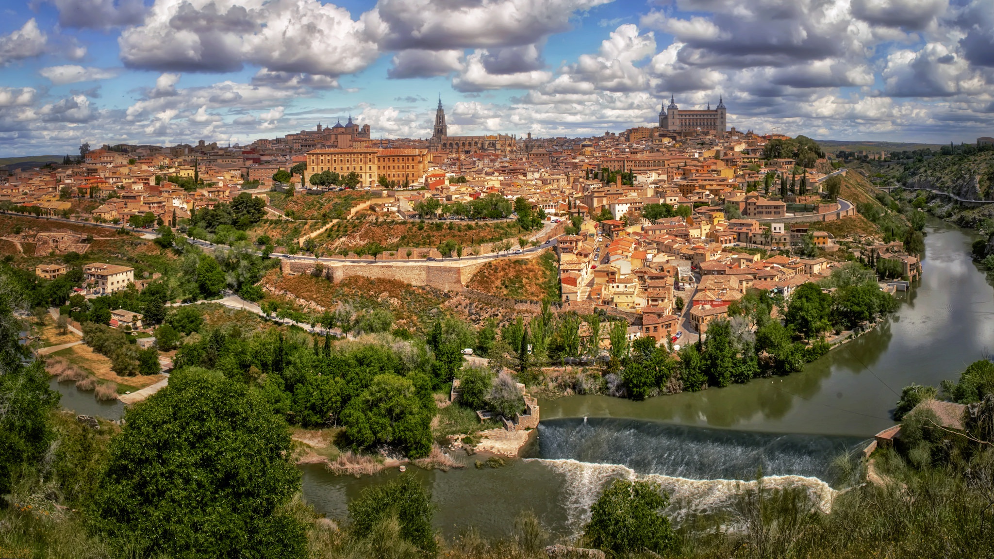 Building Castilla La Mancha River Spain Toledo Town 2048x1152