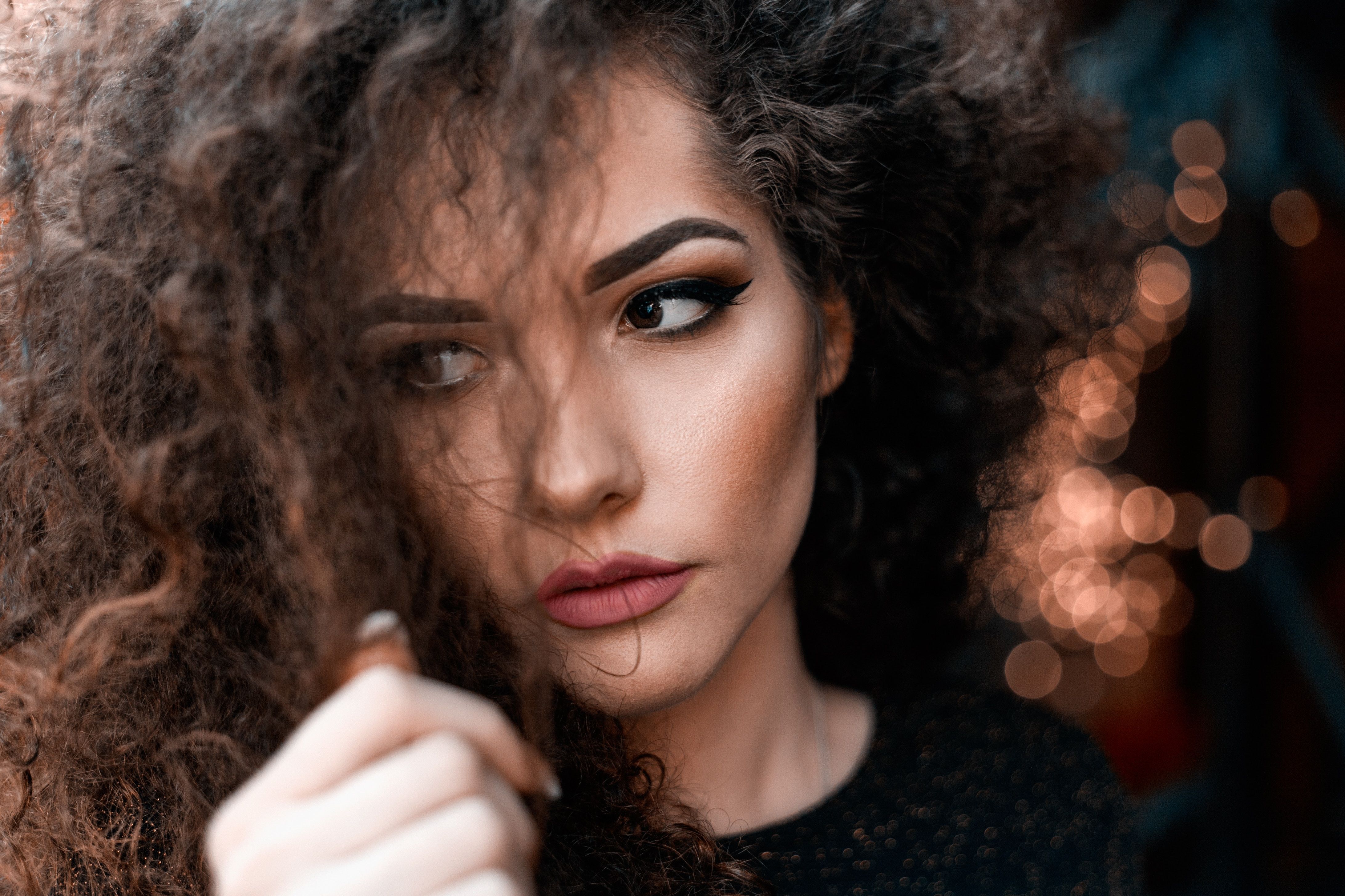 Face Brunette Eyes Lips Nails Eyebrows Curly Hair Women 4368x2912