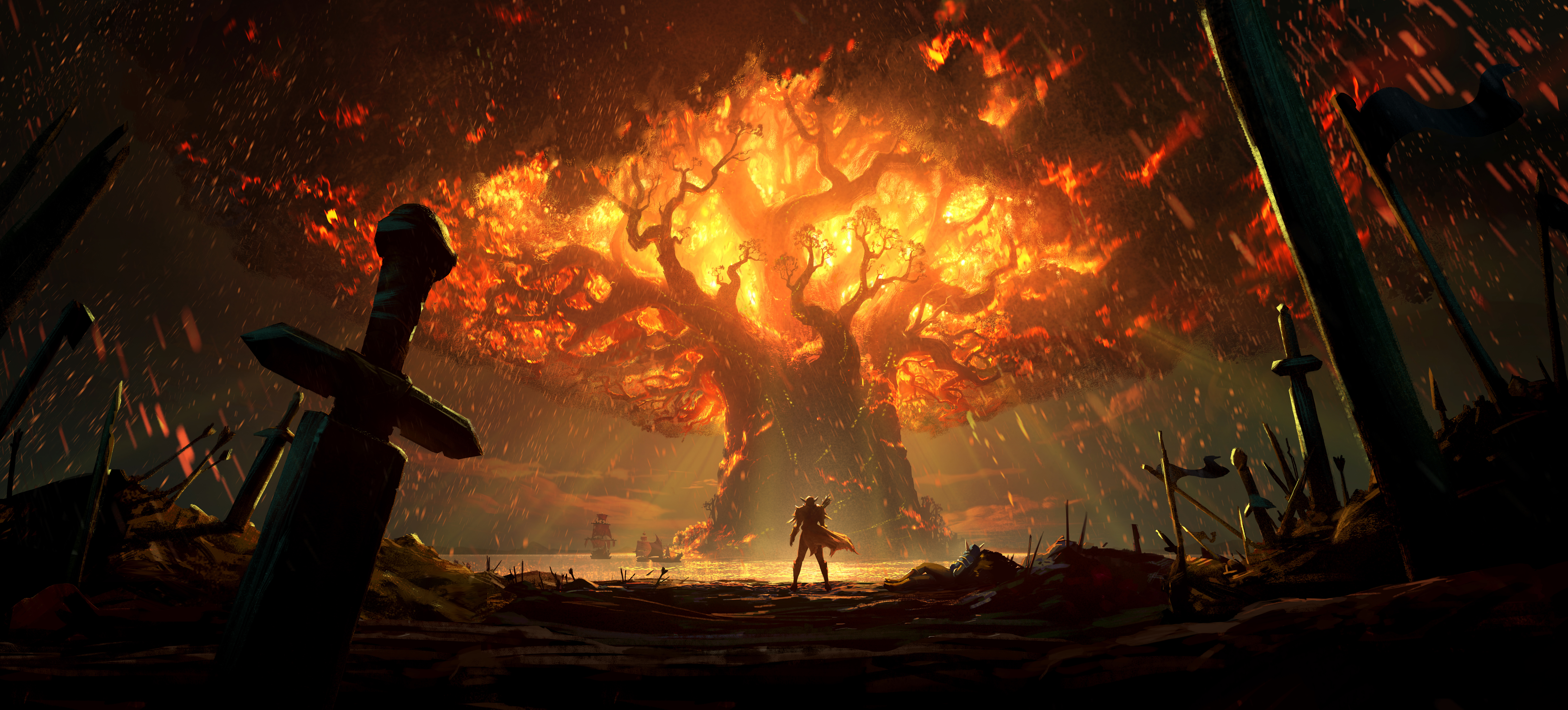 Fire Man Sword Tree Warrior World Of Warcraft Battle For Azeroth 10000x4526