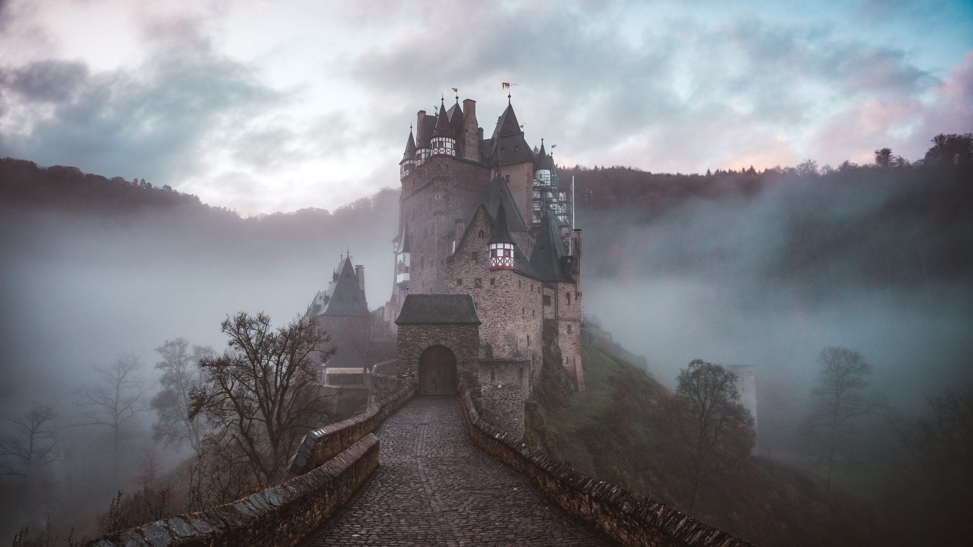 Nature Mountains Trees Clouds Mist Architecture Castle Dawn Eltz Castle Germany 1920x1080