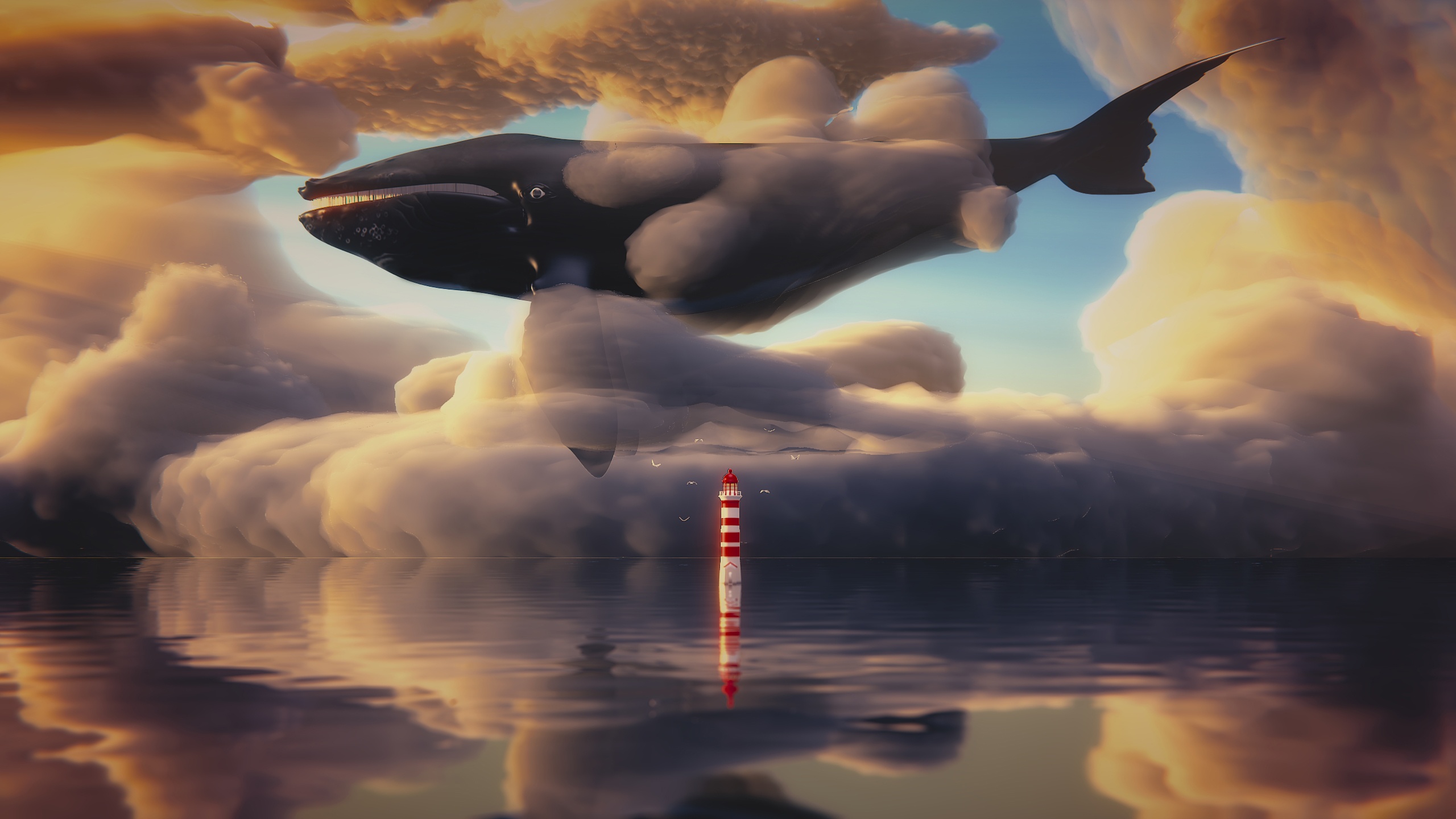 Animal Cloud Lighthouse Ocean Reflection Whale 2560x1440