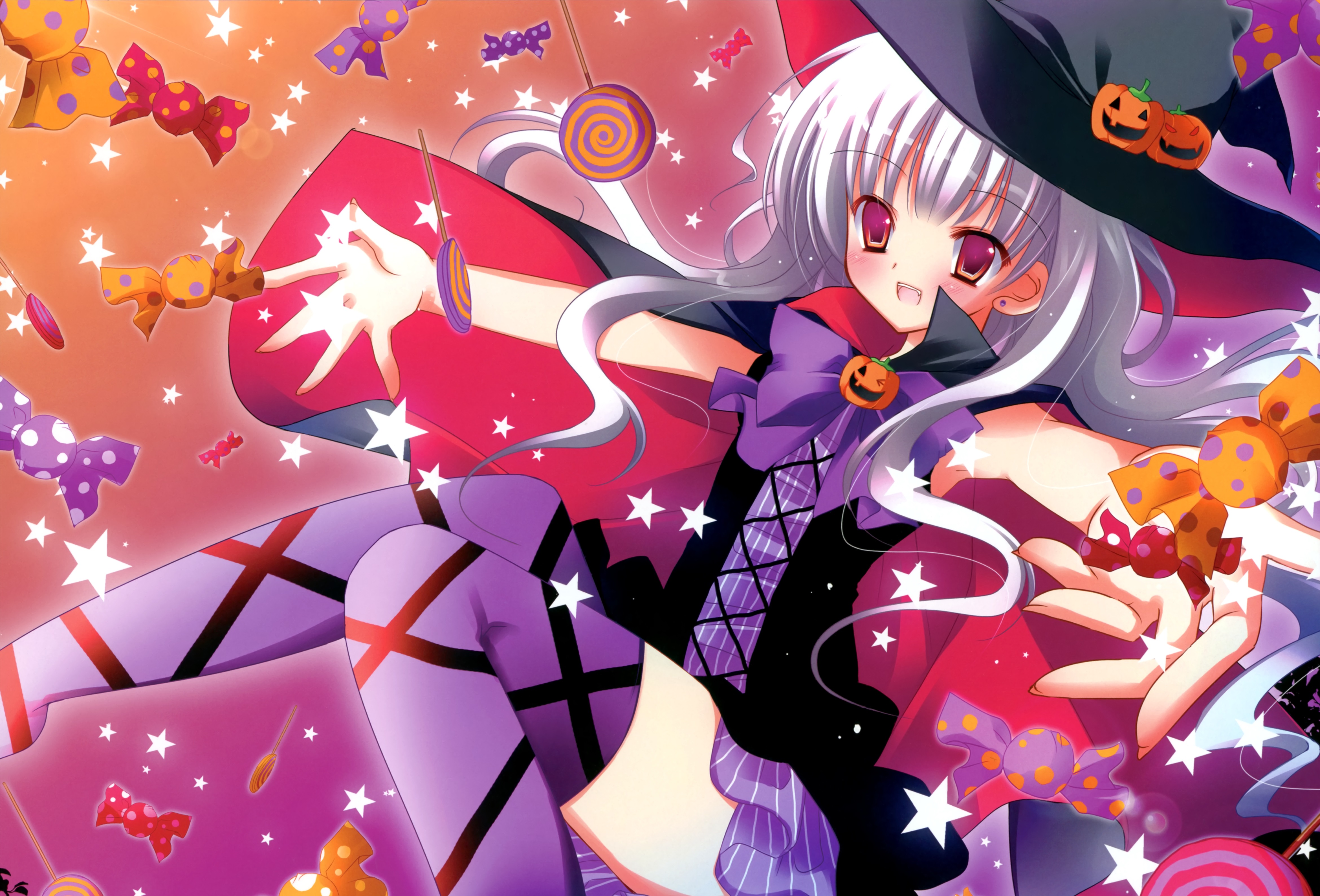 Blush Grey Hair Hat Lollipop Long Hair Pumpkin Red Eyes Smile 4680x3176