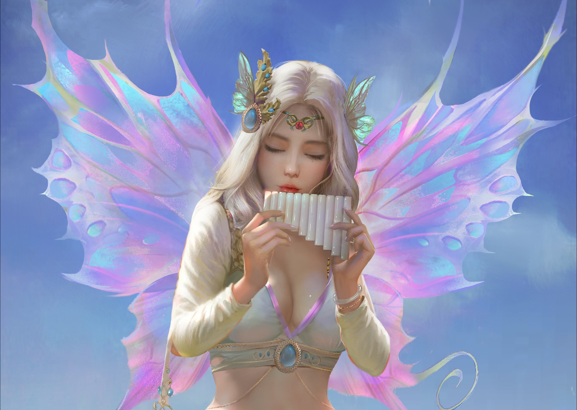 Fairy Flute Girl White Hair Wings Woman 1920x1364