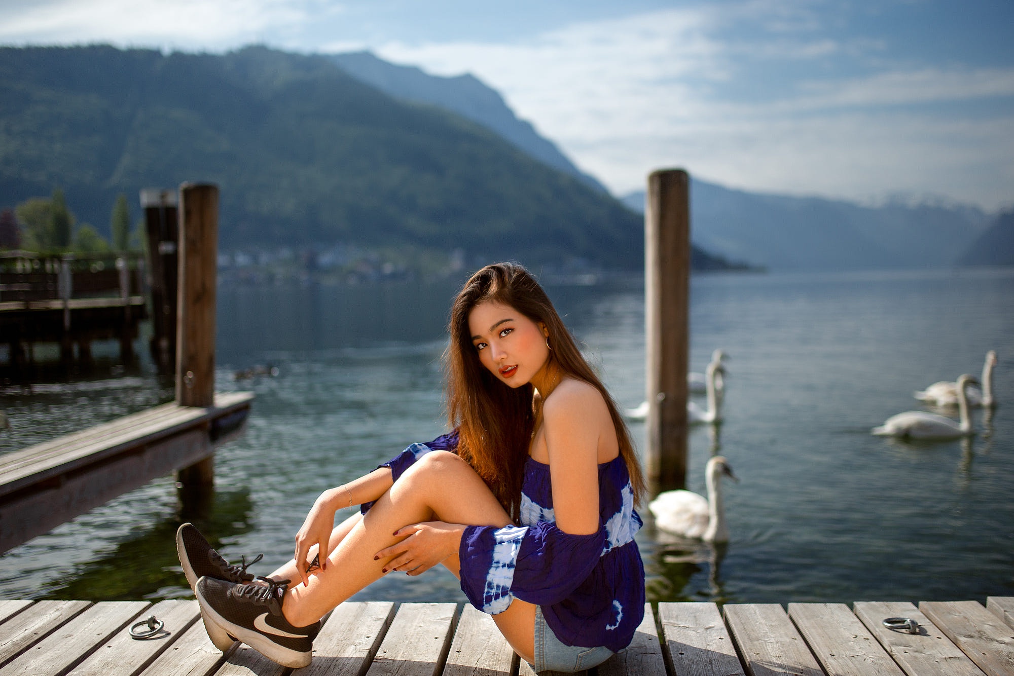 Asian Model Women Long Hair Brunette Lake Swans Dock Sneakers Shorts Jeans Blouse Bare Shoulders Nik 2000x1334