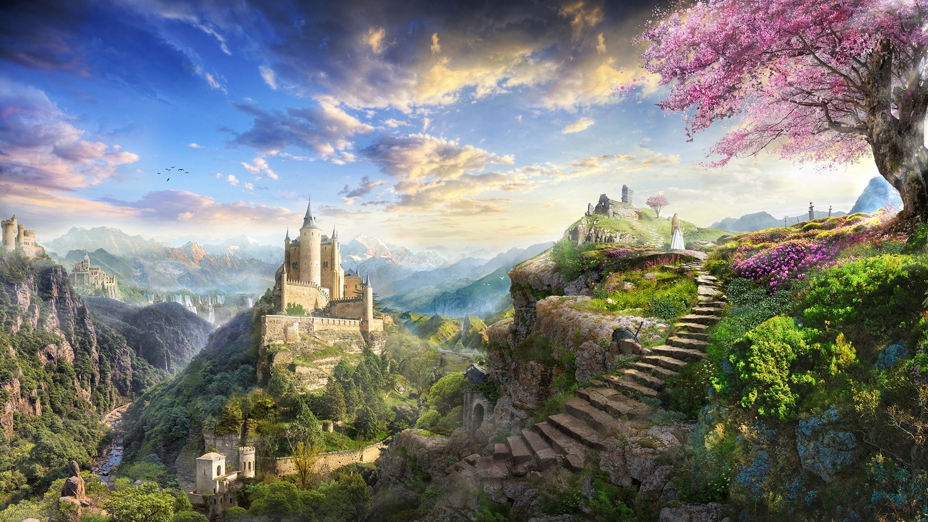 Artistic Castle Fantasy Flower Landscape Tree 1900x1069