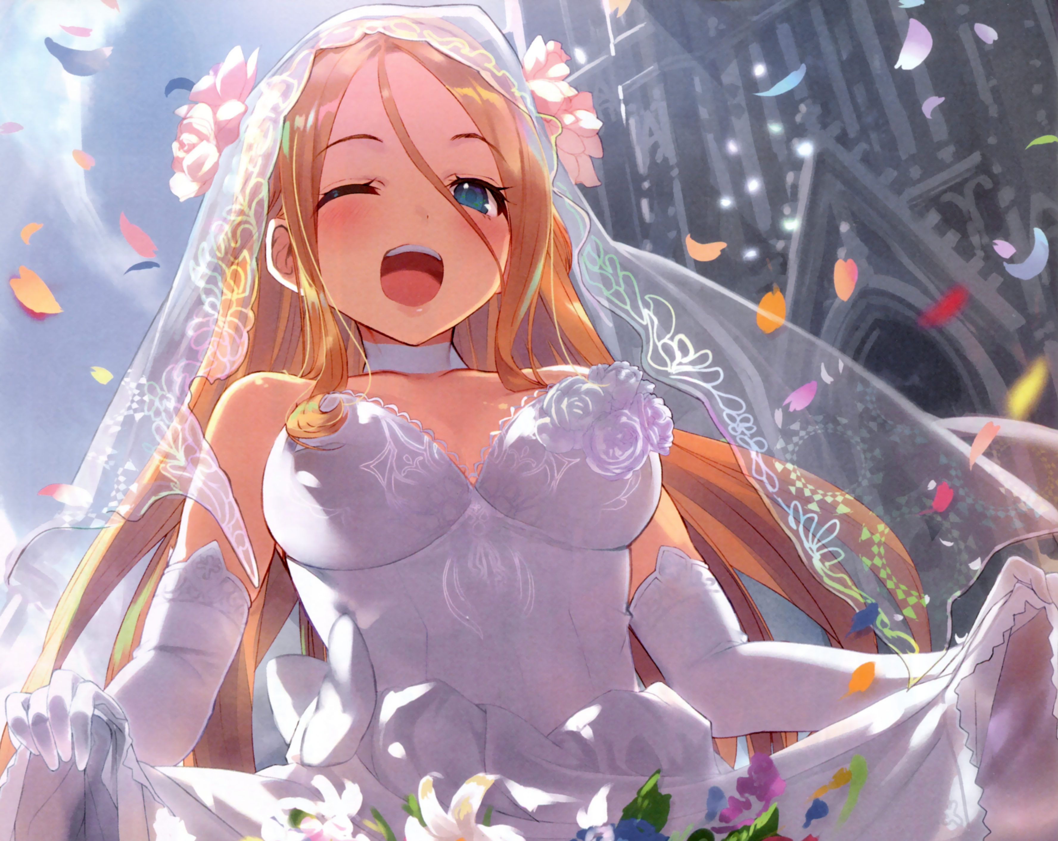 Blonde Blue Eyes Blush Church Flower Glove Long Hair Petal Smile Veil Wedding Dress Wink 3552x2824