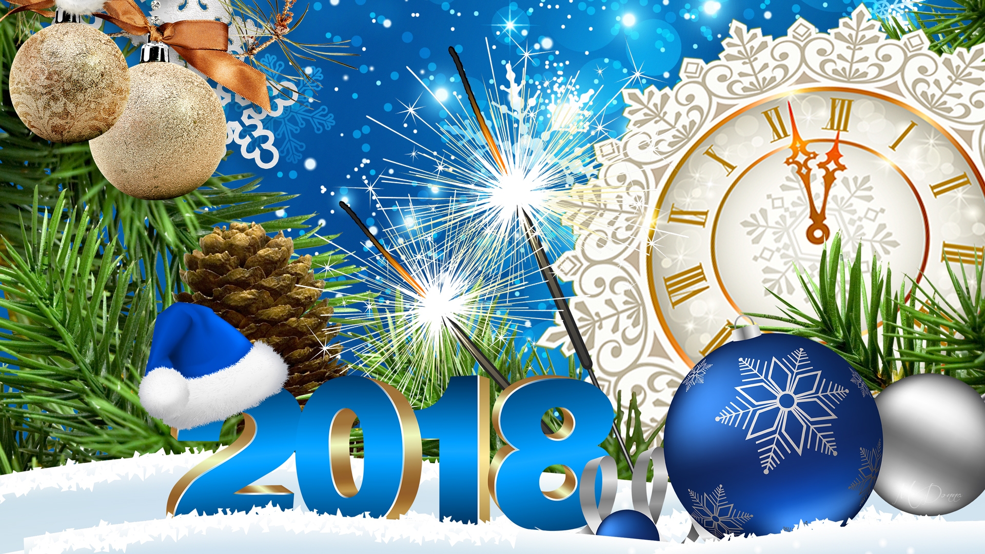 Blue Clock New Year New Year 2018 Santa Hat Silver Snow 1920x1080