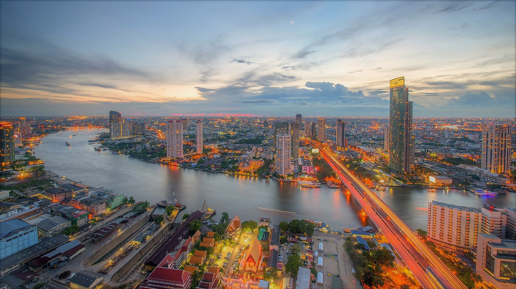 Bangkok City Cityscape Dusk River Thailand 2048x1148
