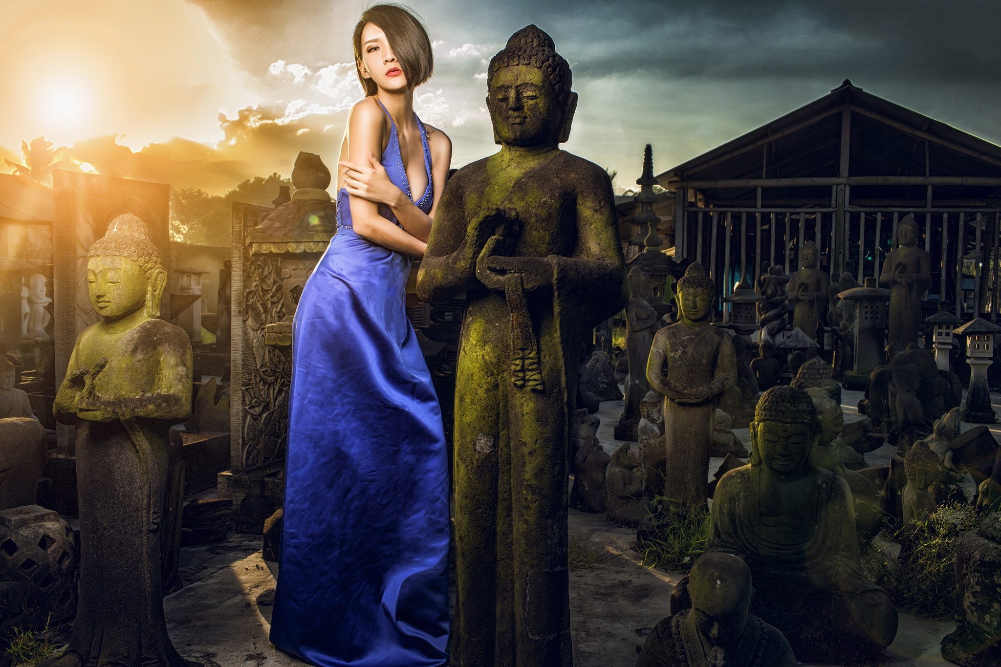 Asian Blue Dress Brunette Buddha Girl Model Statue Woman 2048x1365