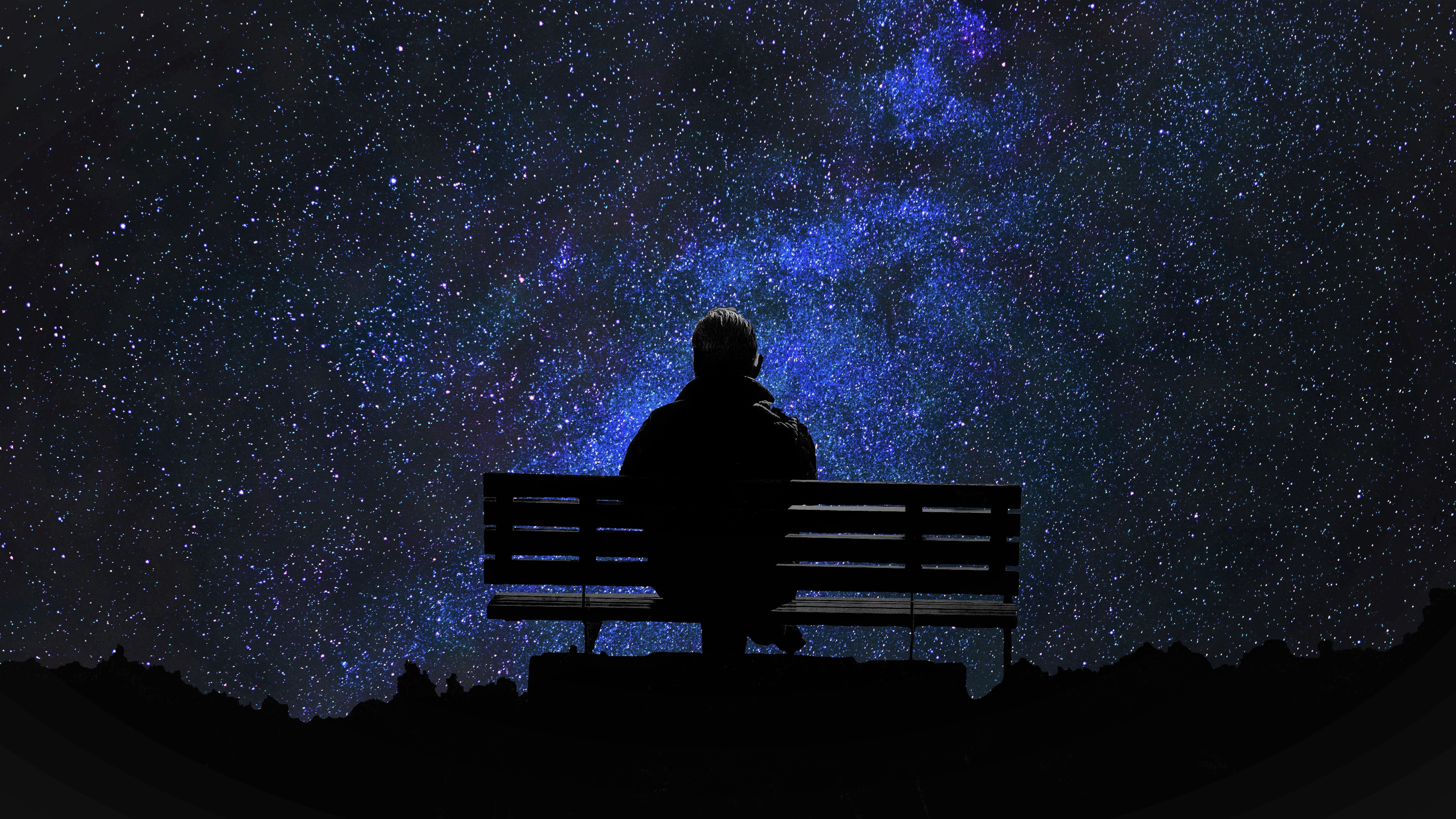 Alone Bench Lonely Man Night Sky Starry Sky Stars 6000x3375