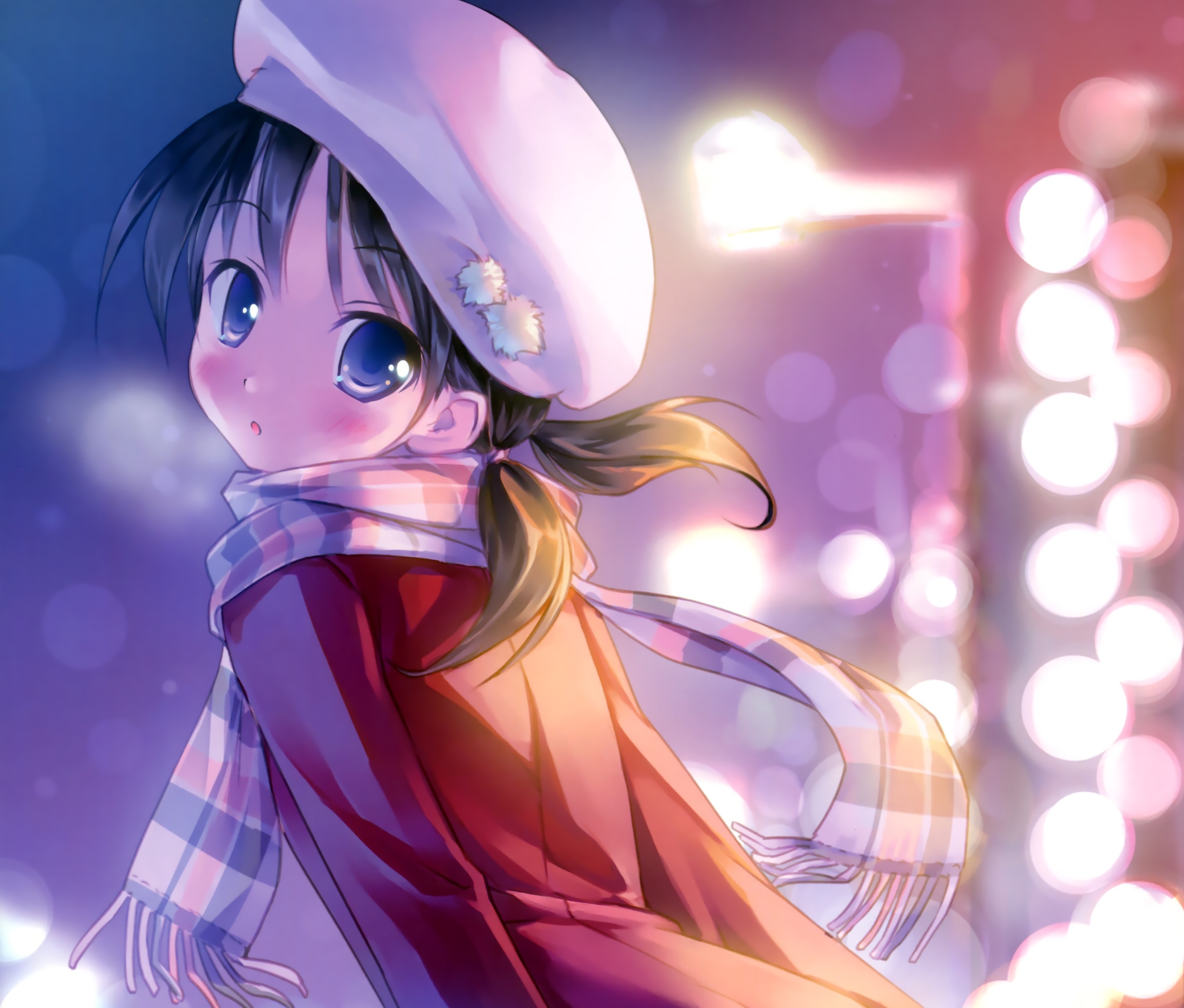 Black Hair Blue Eyes Blush Coat Hat Scarf Short Hair 2696x2296