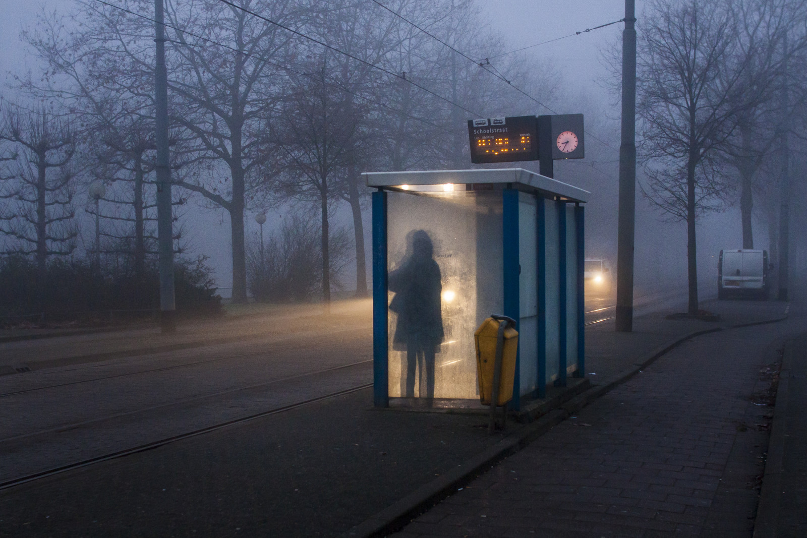 Dark Bus Stop People Standing Waiting Mist Loneliness Alone Dead Trees 1600x1067