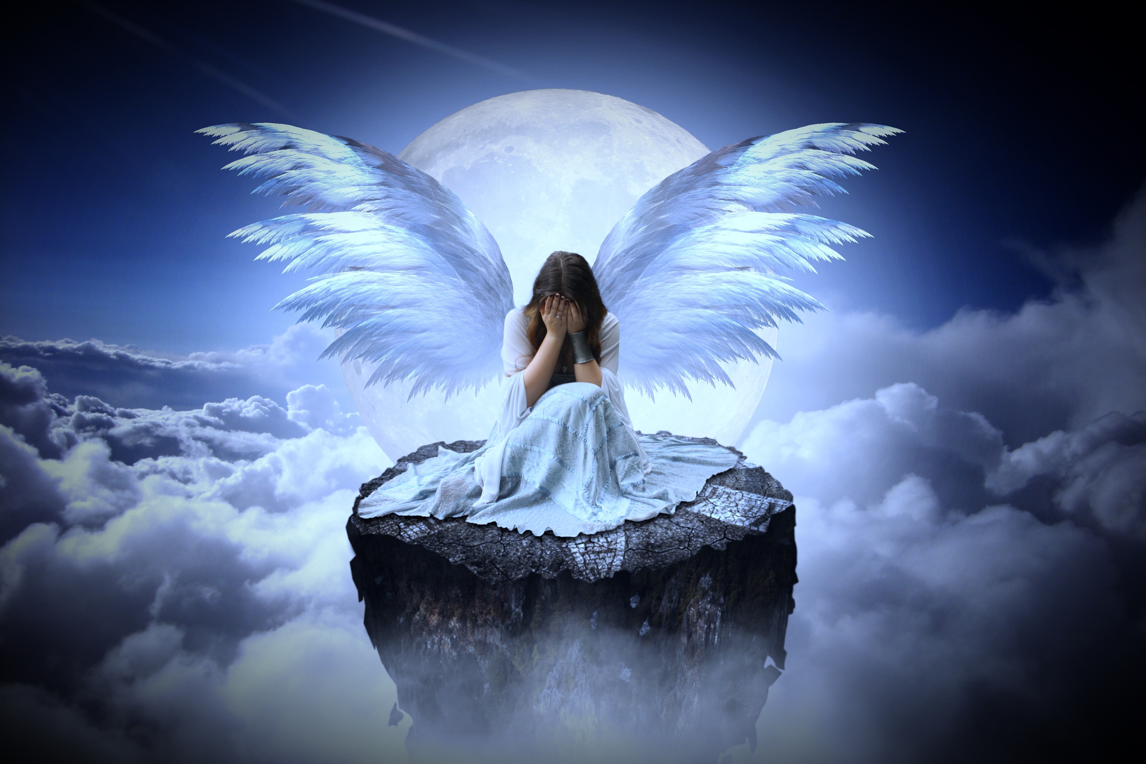 Angel Cloud Crying Full Moon Sad Woman 3840x2560