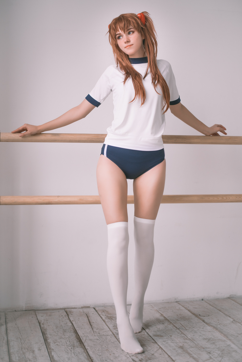 Women Model Shirogane Sama Indoors Legs Redhead Thigh High Socks Asuka Langley Soryu T Shirt 1001x1500