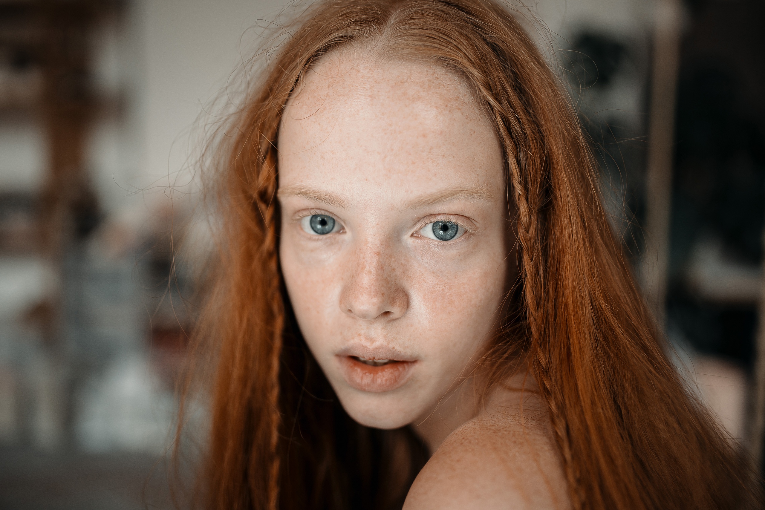 Women Model Women Indoors Redhead Face Blue Eyes Portrait Long Hair