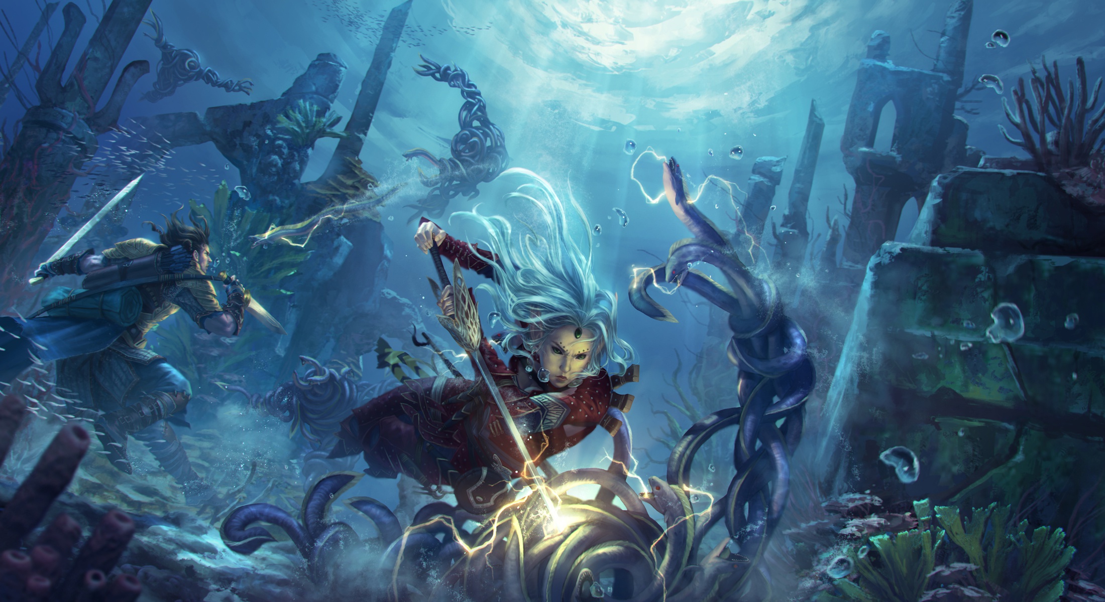 Blue Hair Dagger Sword Underwater Warrior Woman Warrior 2200x1200