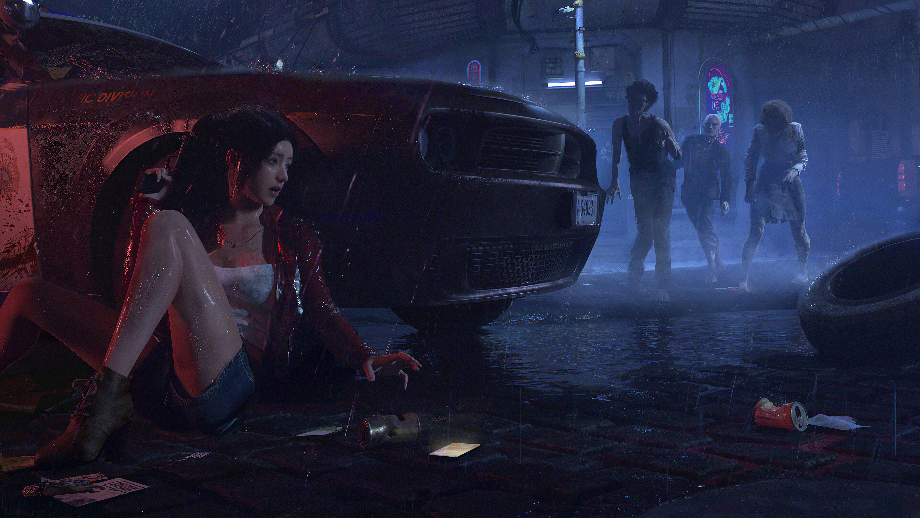 Zombies Hiding Artwork Digital Art Digital Painting Fan Art Red Jackets Ponytail Dark Hair Pistol Ca 3840x2160