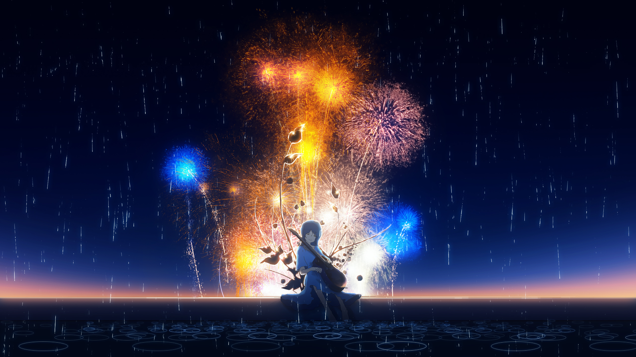 Fireworks Girl Rain 2560x1440