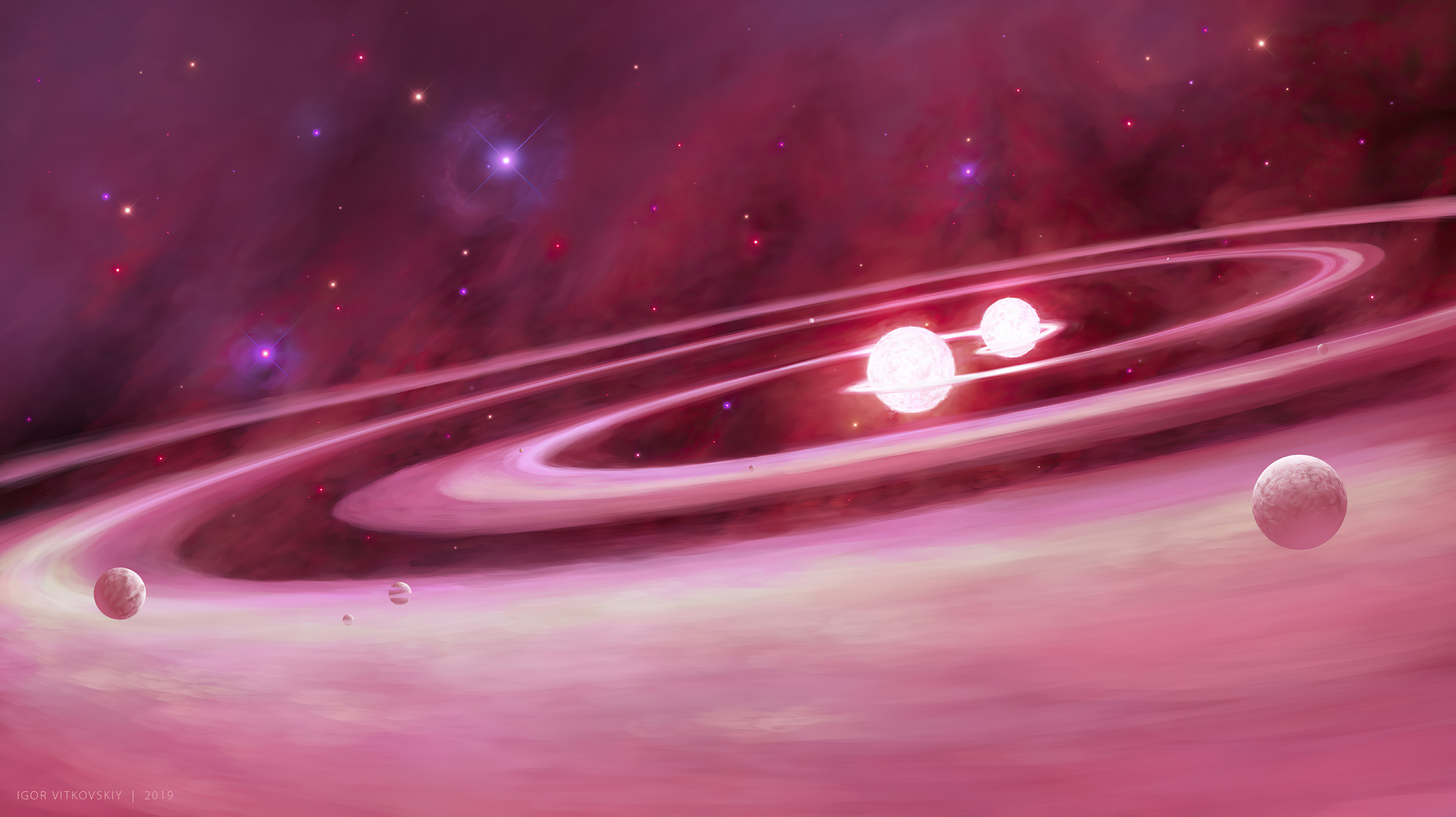 Pink Planet Space Stars 3840x2154