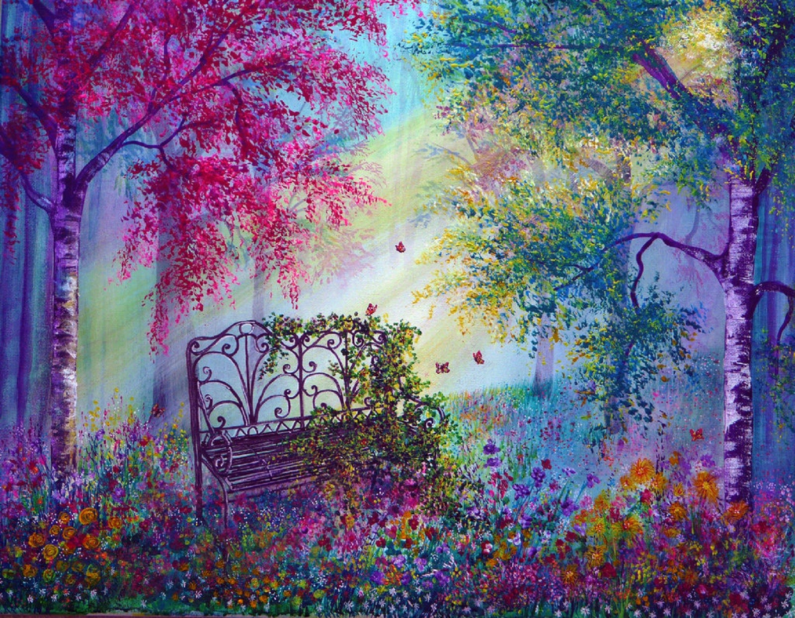 Artistic Bench Colorful Colors Flower Forest Spring Tree 1600x1245