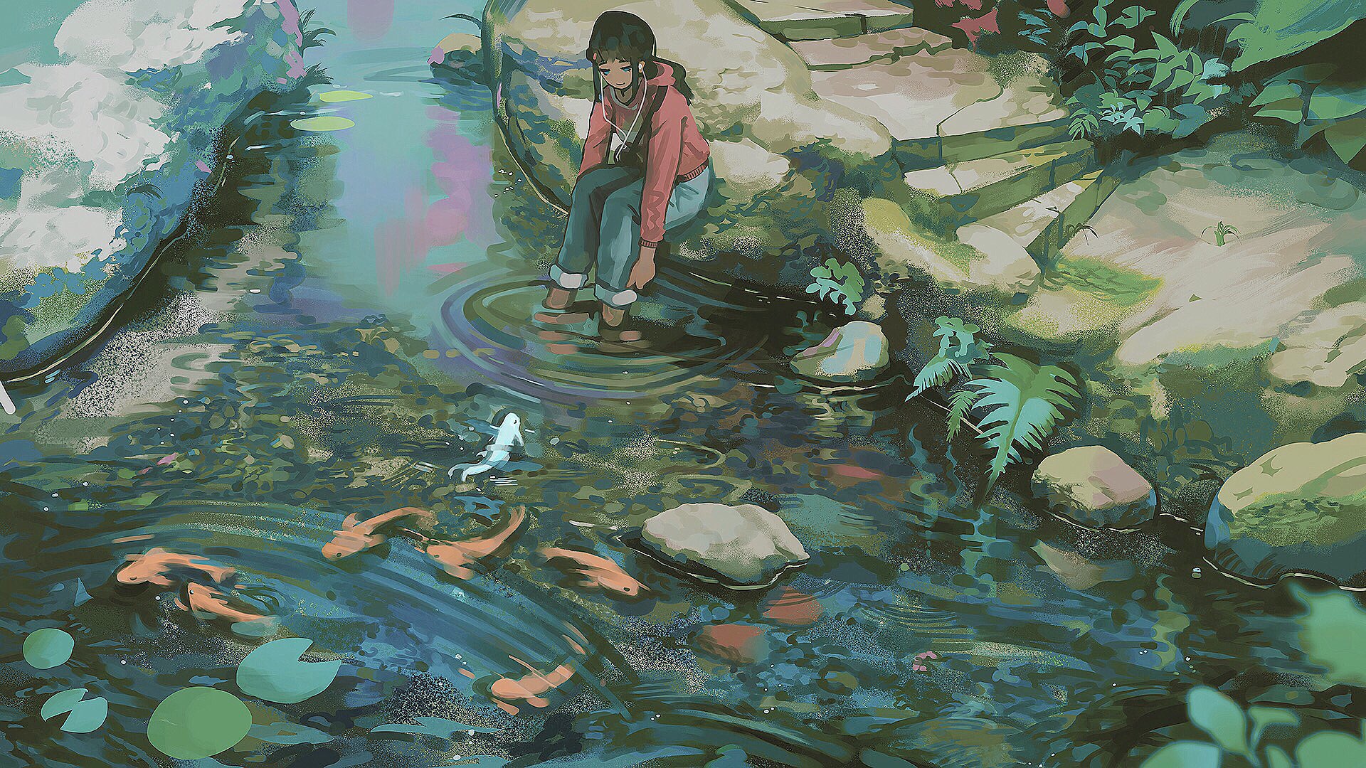 Klegs Stream Fish Women Digital Art Lily Pads Ear Buds Nature 1920x1080