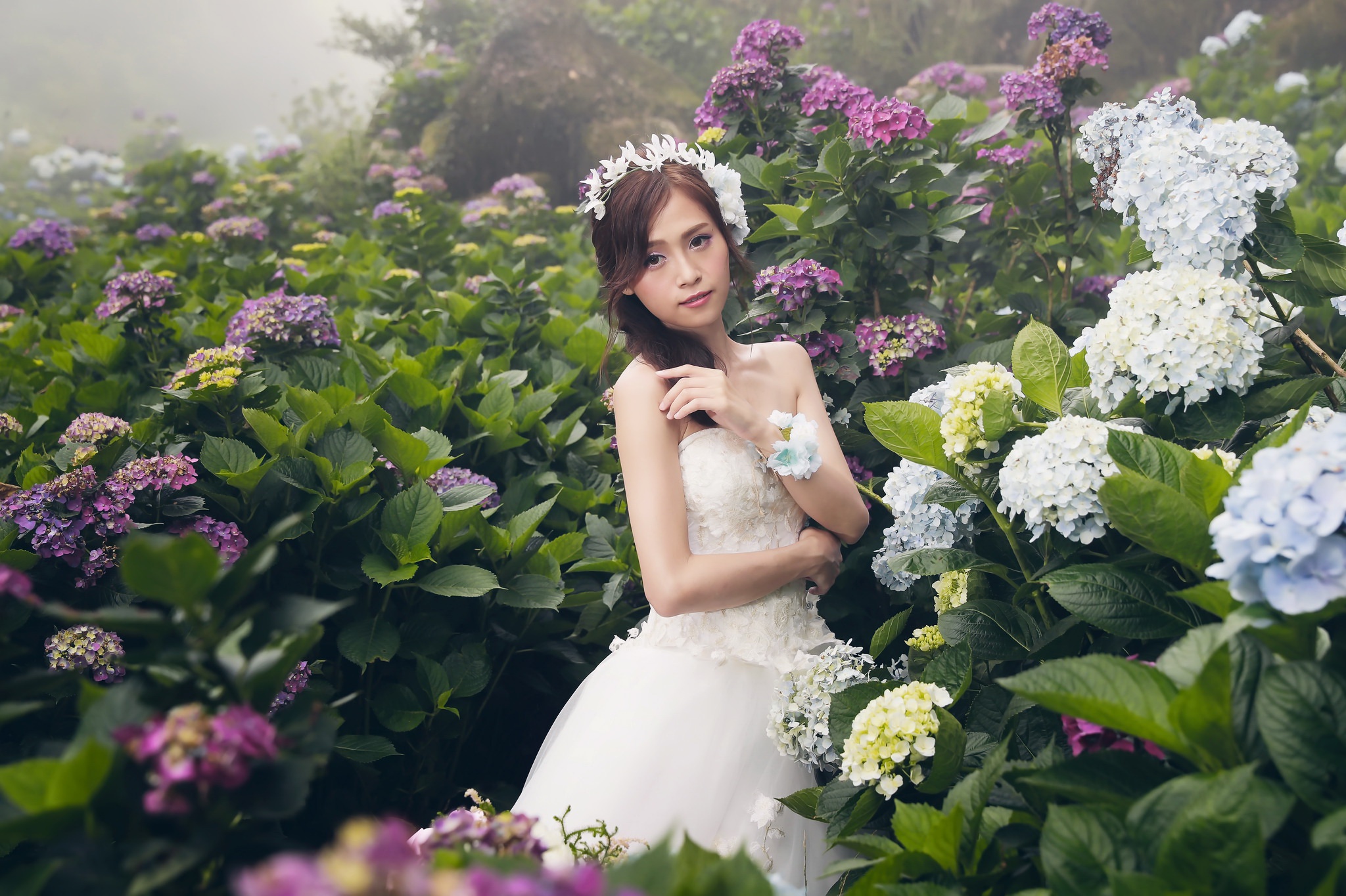 Bride Brown Eyes Brunette Flower Girl Model Pink Flower Wedding White Dress White Flower Woman 2048x1365