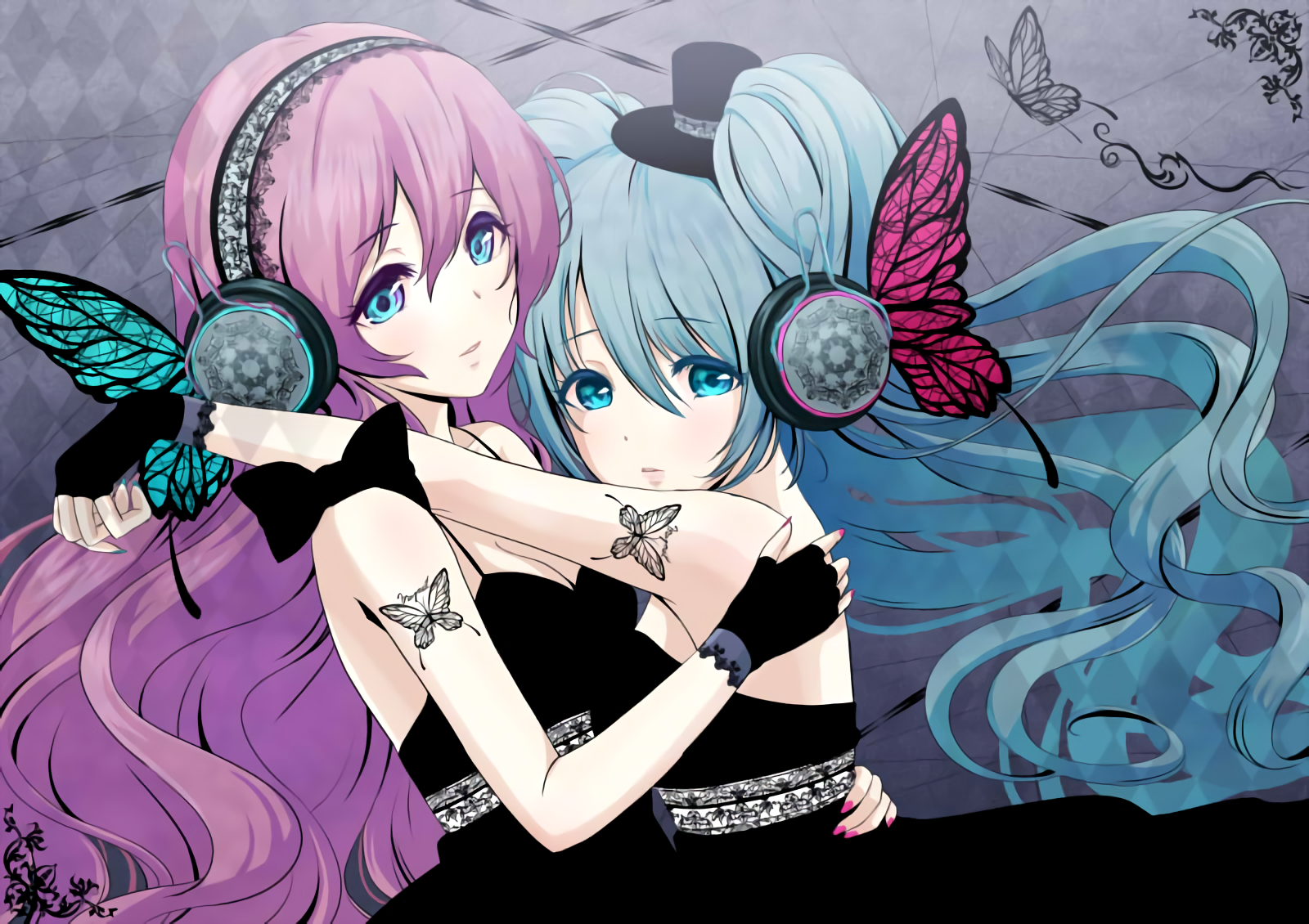 Anime Black Dress Blue Eyes Blue Hair Butterfly Hatsune Miku Headband Headphones Long Hair Luka Megu 1600x1130