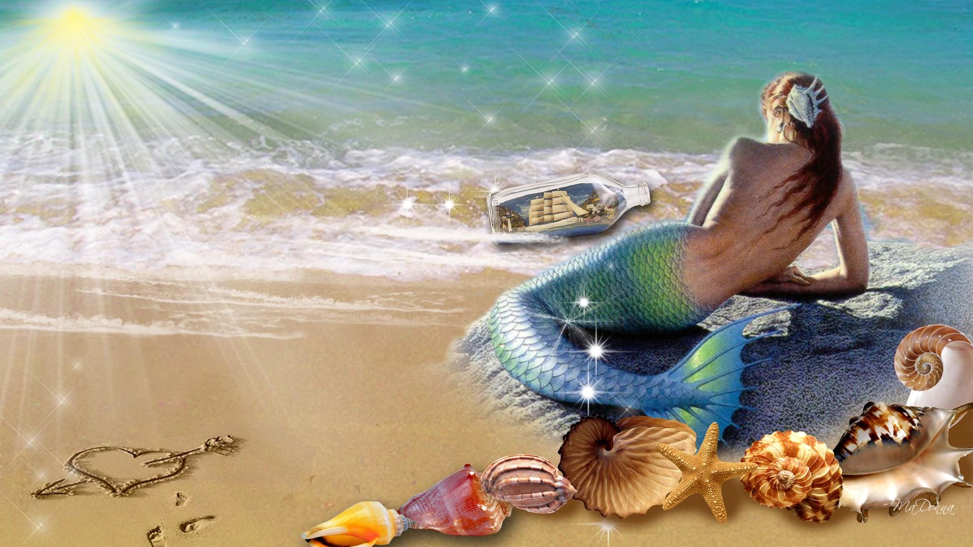 Beach Fantasy Heart Mermaid Sand Shell 1920x1080