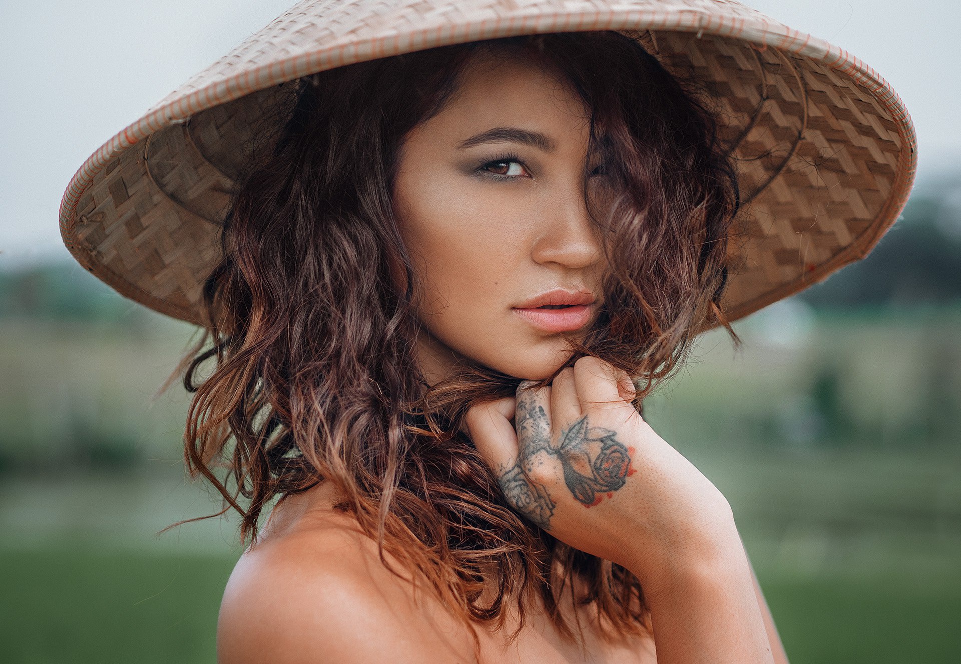 Asian Conical Hat Brown Eyes Brunette Depth Of Field Face Girl Model Tattoo Woman 1920x1327