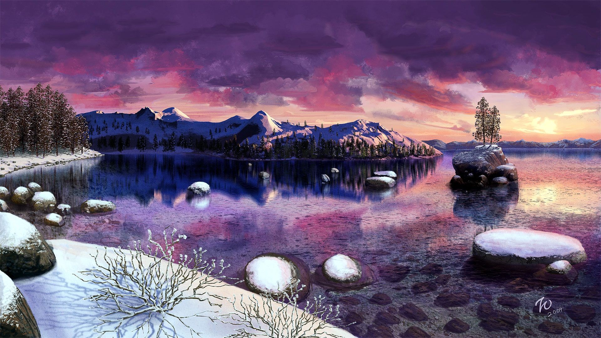 Artistic Lake Tahoe Painting Purple Snow Sunset Tree Winter 1920x1080