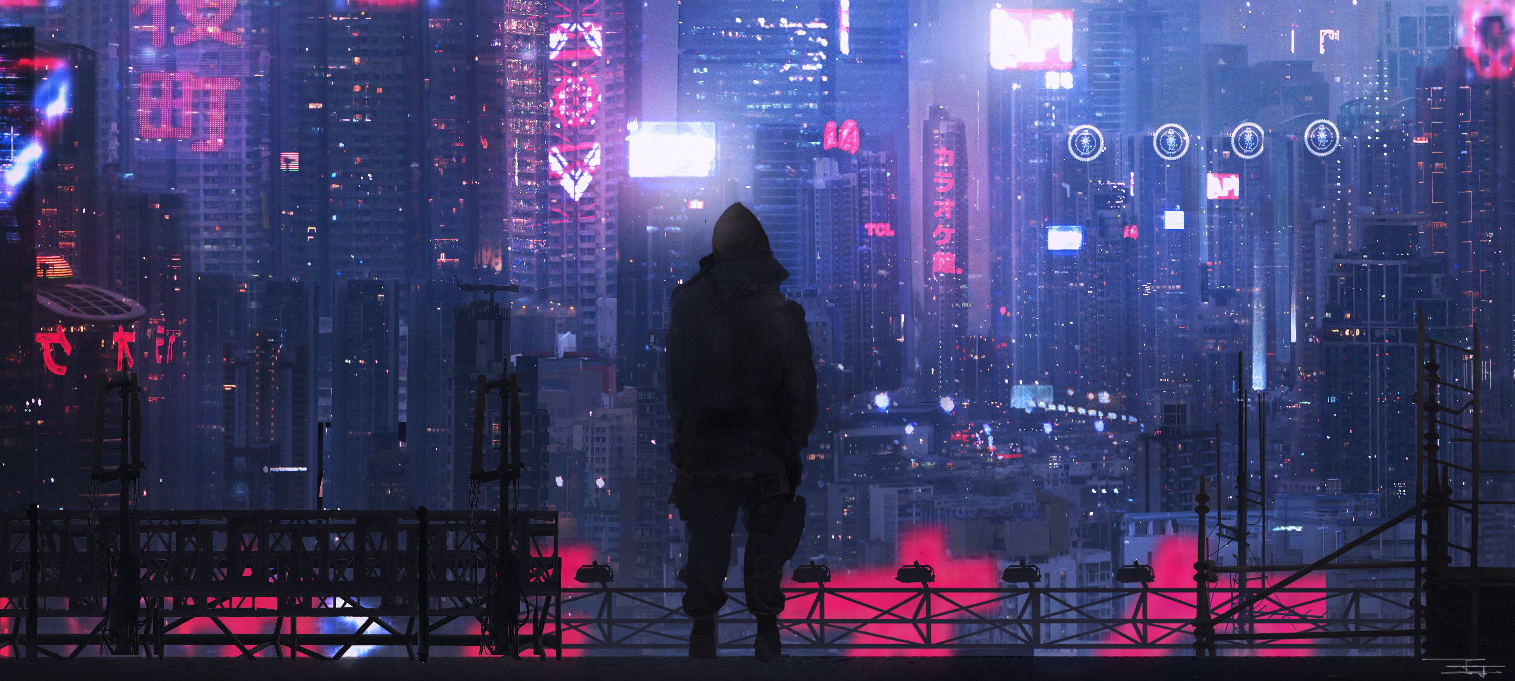 Building City Cyberpunk Cityscape Futuristic Man Night Skyscraper 3000x1349