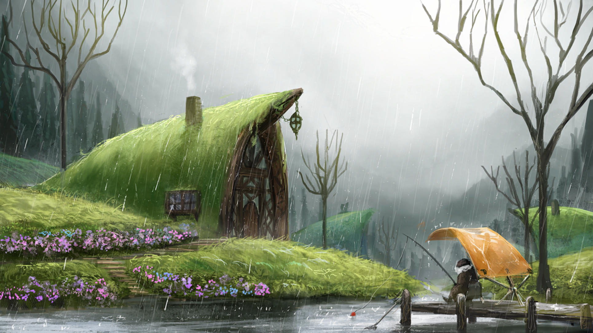 Camping Fantasy Fishing House Pond Rain 1930x1084