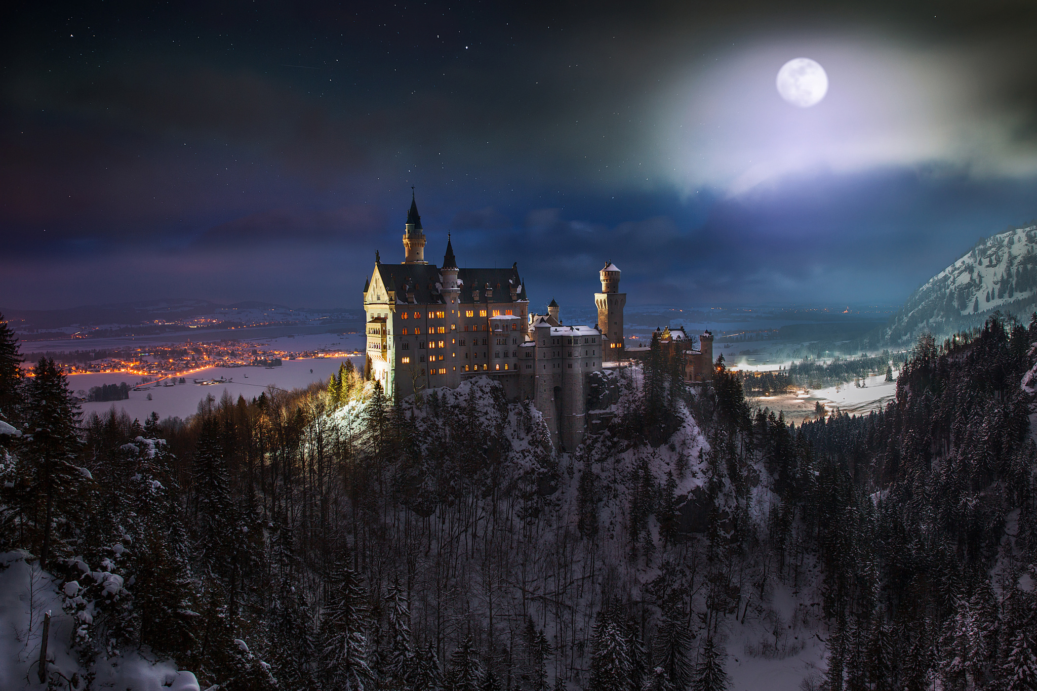 Castle Forest Germany Moon Neuschwanstein Castle Night 2048x1365