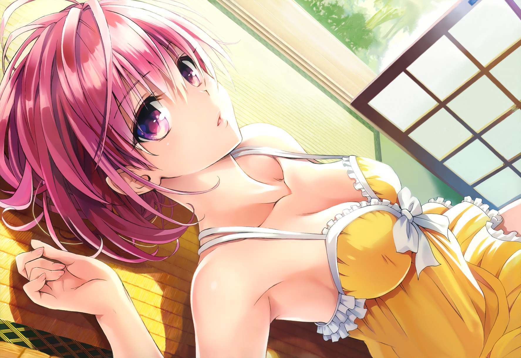 Dress Girl Lying Down Momo Velia Deviluke Pink Hair Purple Eyes Short Hair Tu Love Ru Yellow Dress 1775x1222