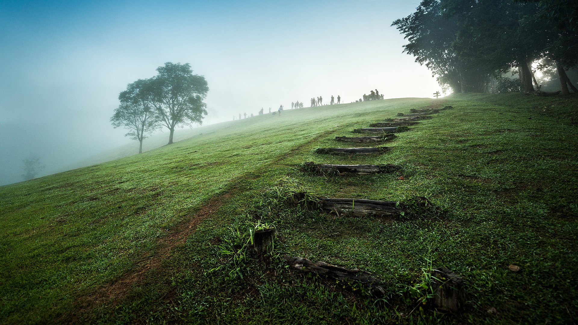 Nature Landscape Grass Sky Mist Stairs People National Park Thailand 1920x1080