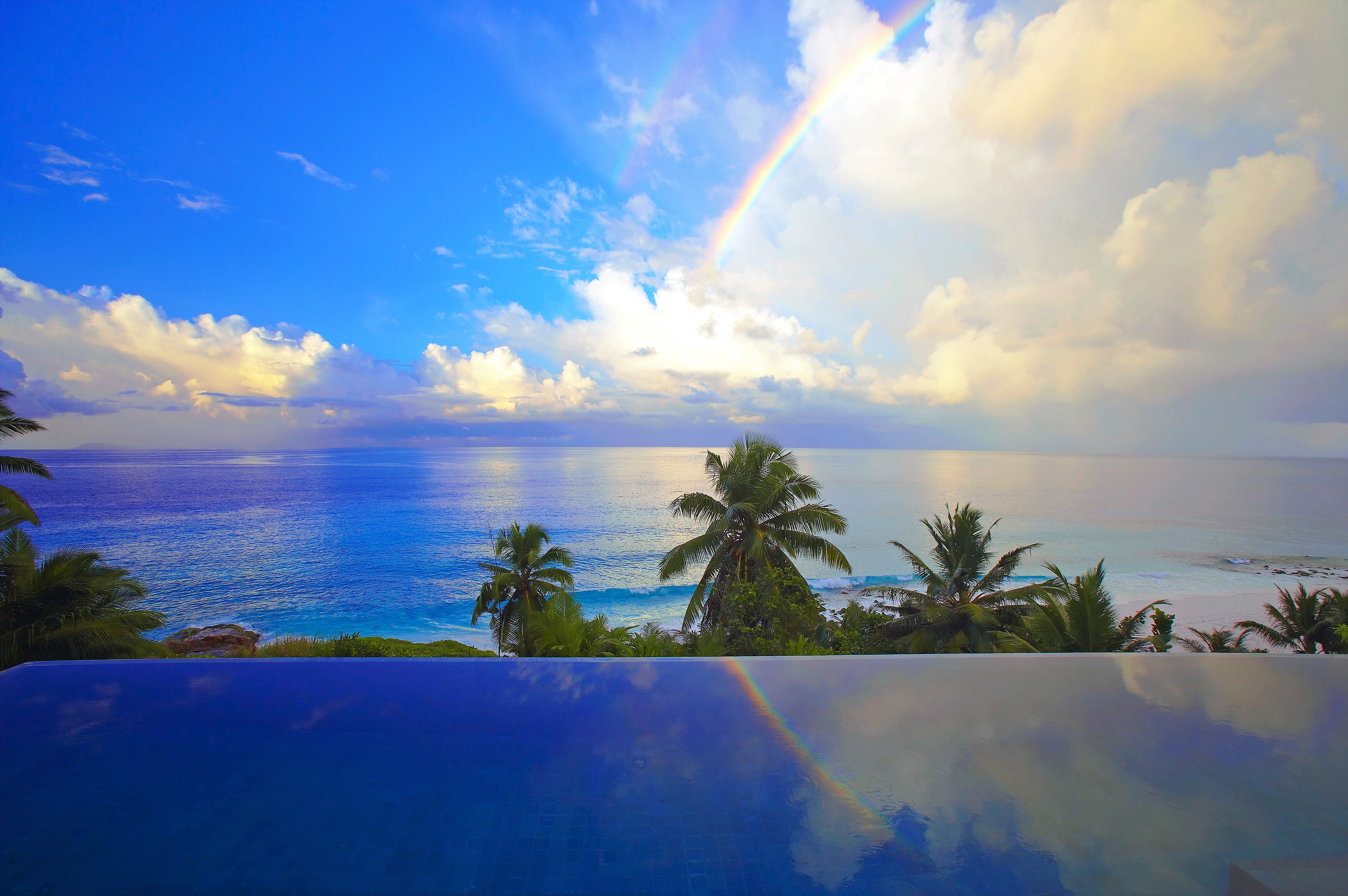 Blue Cloud Horizon Ocean Palm Tree Rainbow Sea Sky Tropical 4000x2660