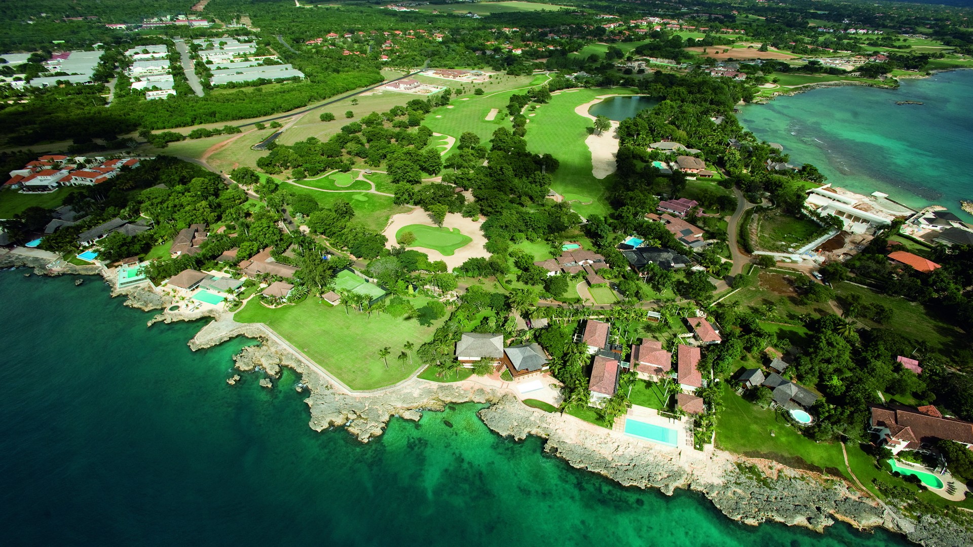 Aerial Coast Golf Course House Ocean 1920x1080