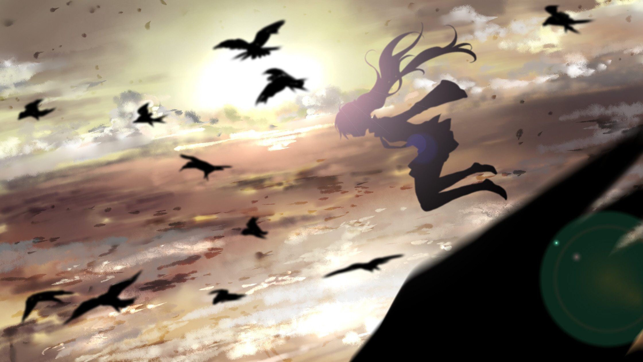 Crow Dark Girl Hatsune Miku Jump Sky Vocaloid 2240x1260