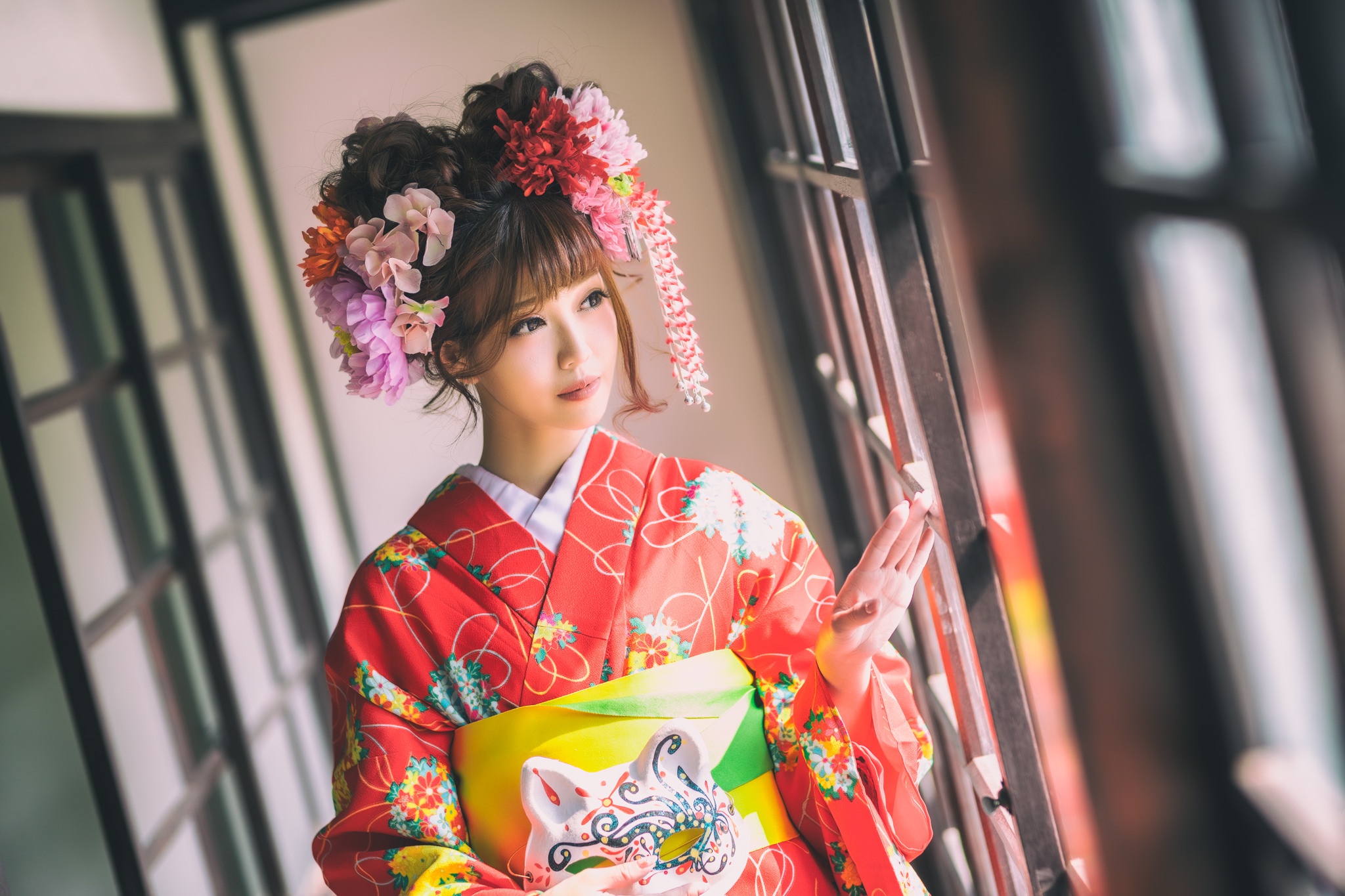 Asian Brunette Flower Girl Kimono Model Traditional Costume Woman 2048x1365