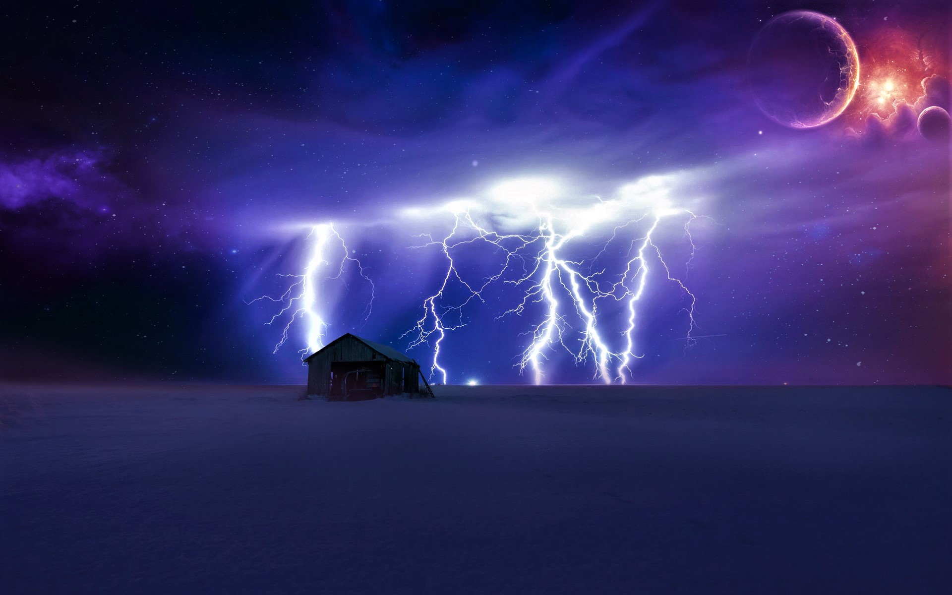 Artistic Digital Art Lightning Planet Shed Sky Winter 1920x1200