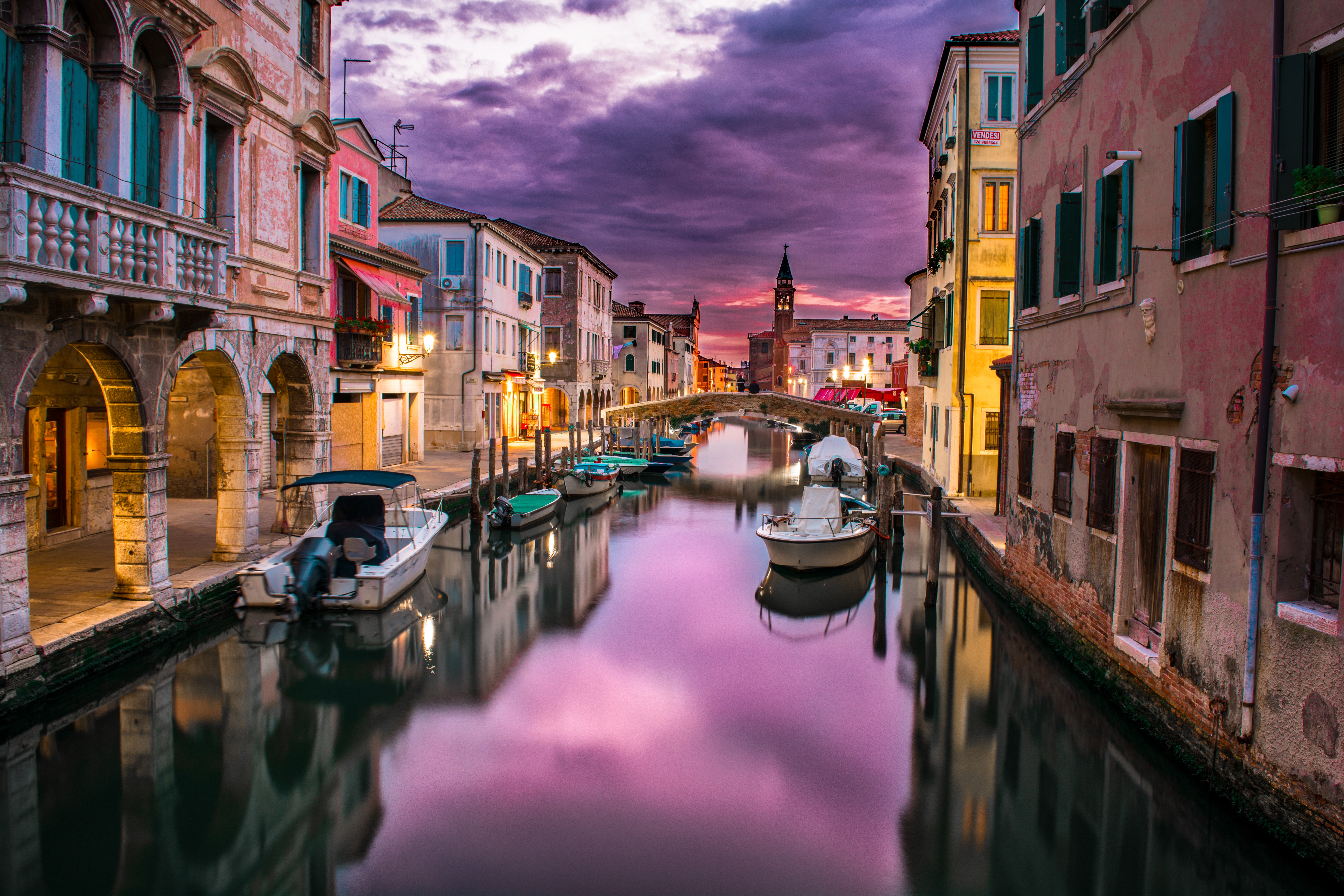 Boat Canal Chioggia House Reflection Sunset Venice 6000x4000