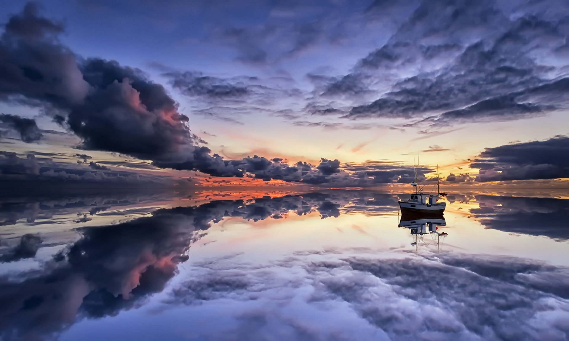 Boat Cloud Fishing Boat Horizon Ocean Reflection Sky 1920x1151