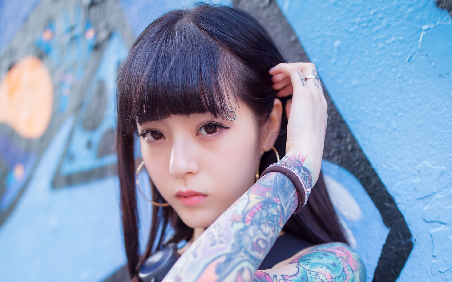 Asian Black Hair Brown Eyes Girl Tattoo Woman 1920x1200