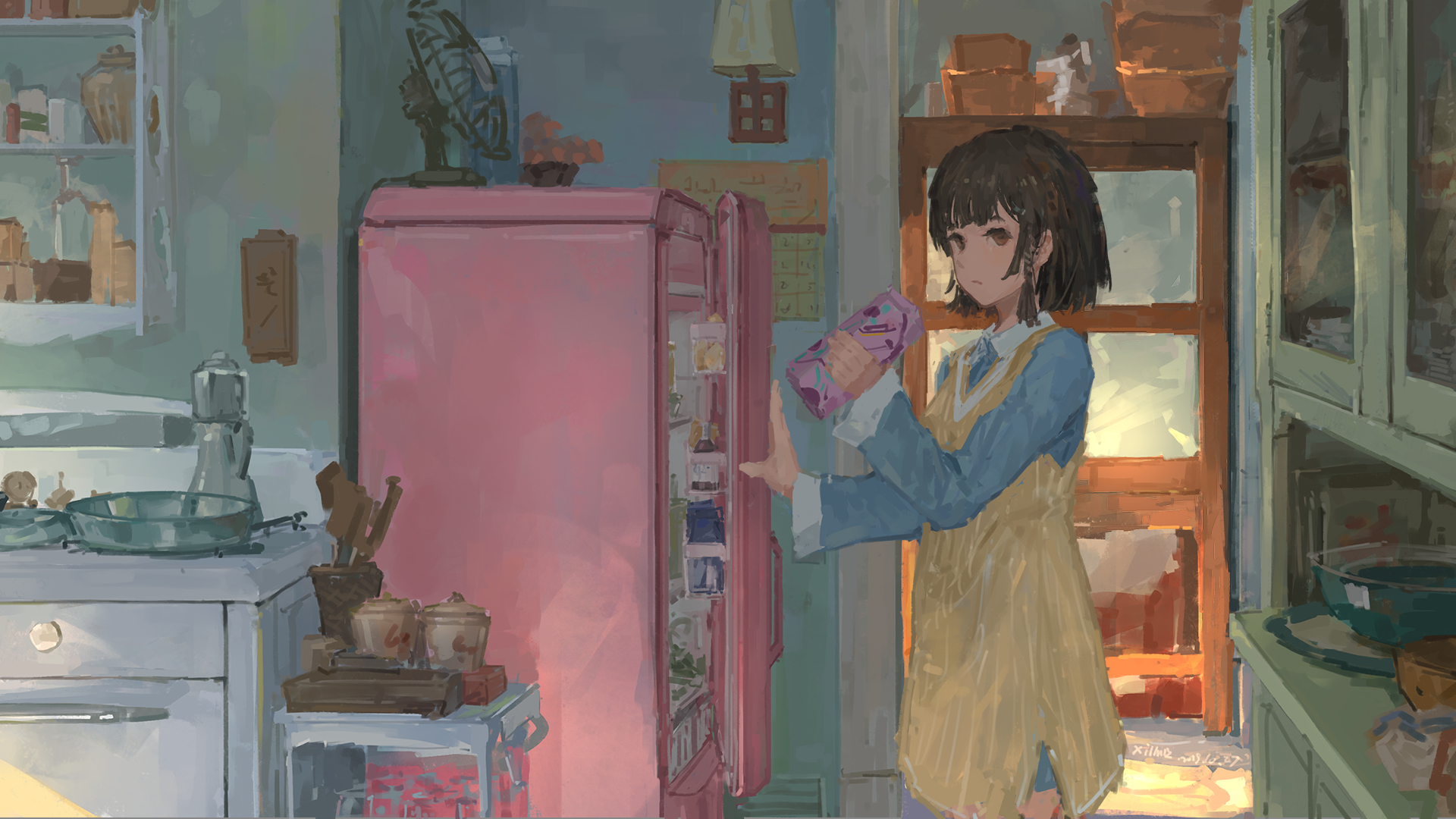 XilmO Anime Anime Girls Artwork Fridge Food Kitchen 1920x1080