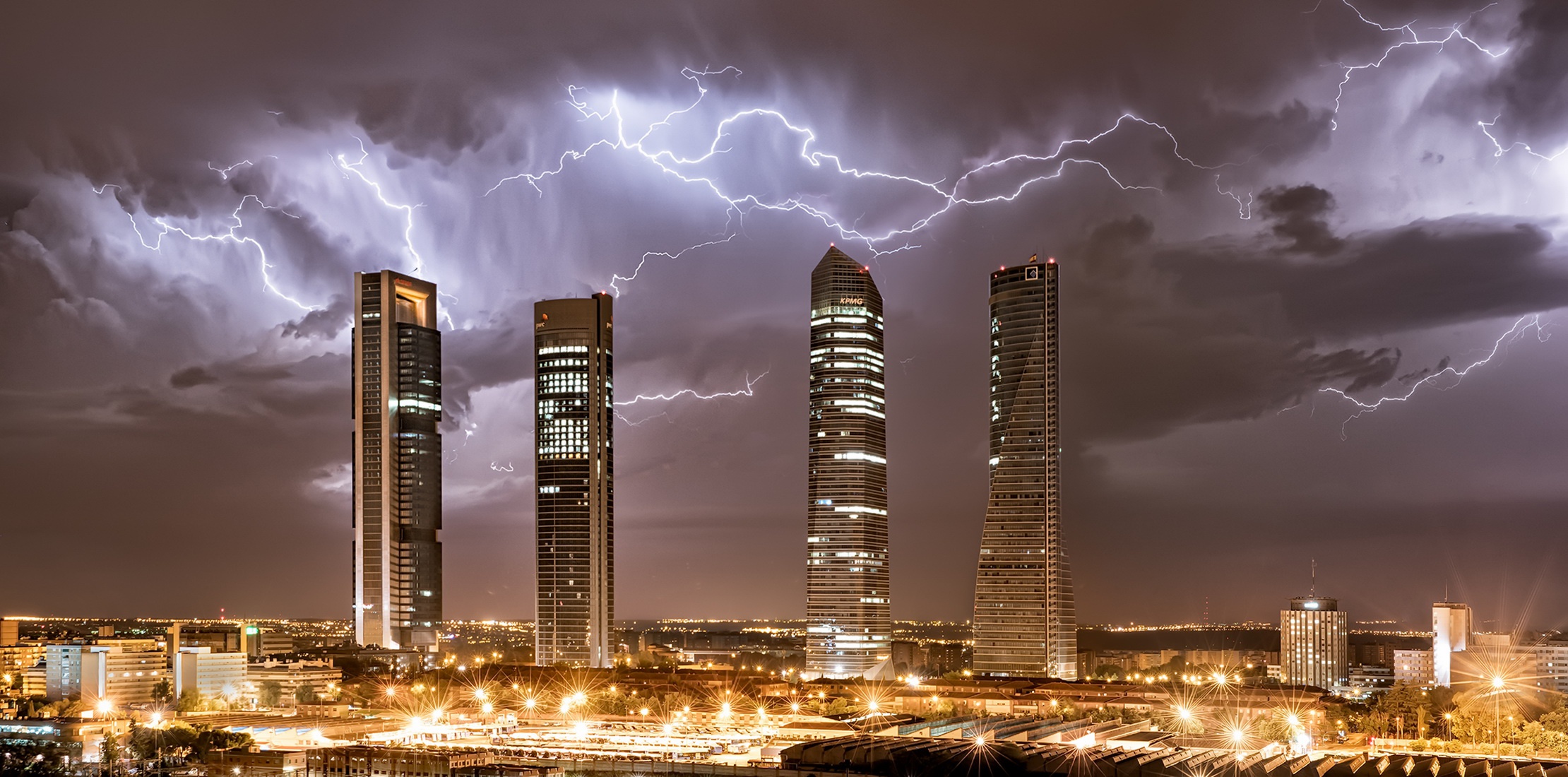 Building City Cloud Lightning Madrid Night Skyscraper Spain 2220x1100