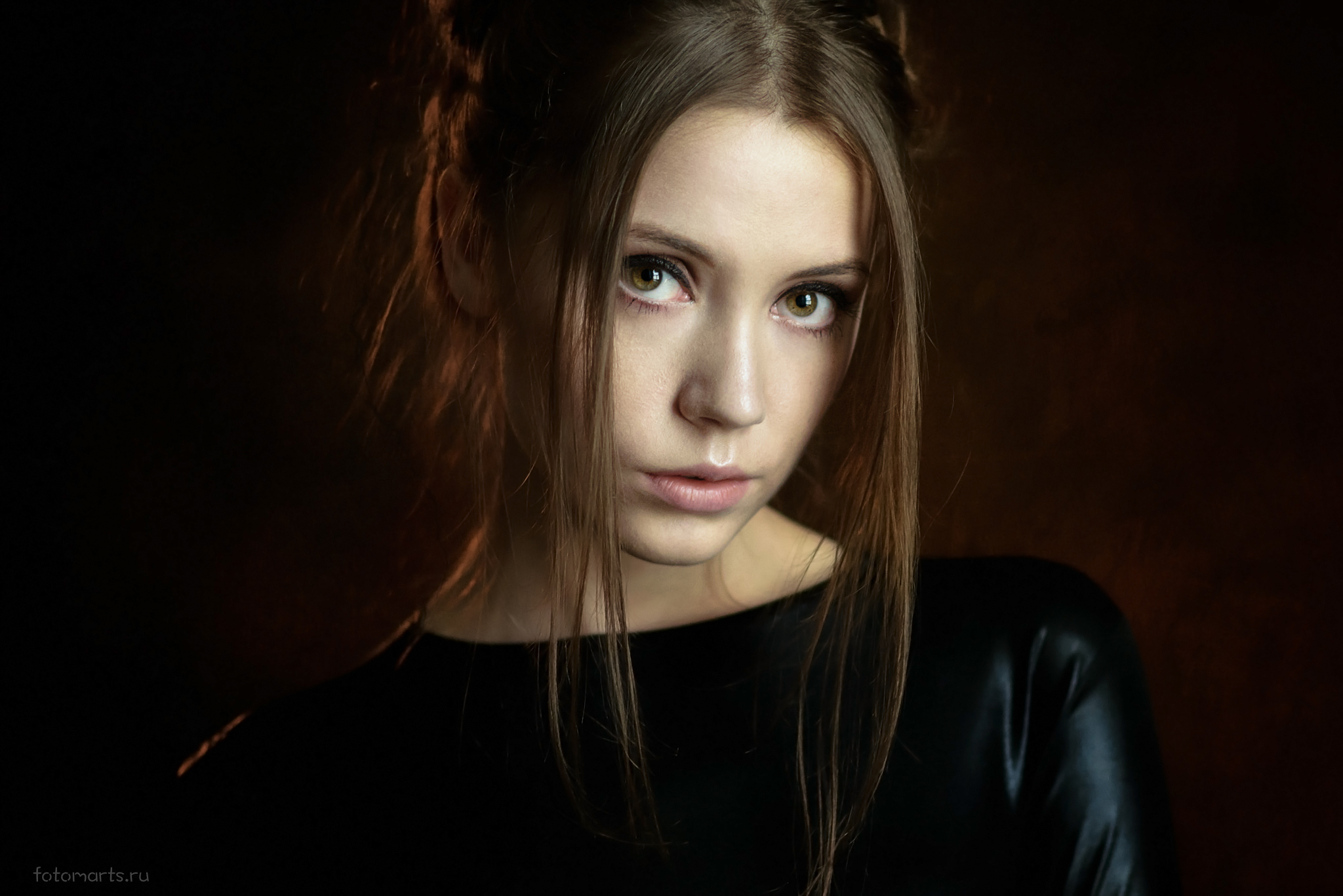 Sergey Martynov Women Ksenia Kokoreva Brunette Portrait Black Clothing Hairbun Looking At Viewer Eye 2048x1367