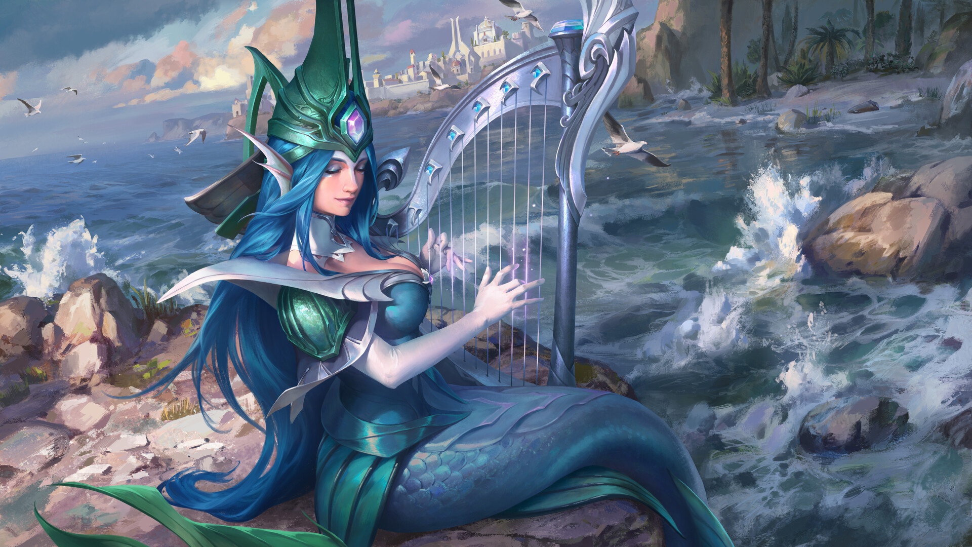 Blue Hair Girl Harp Long Hair Mermaid Woman 1920x1080