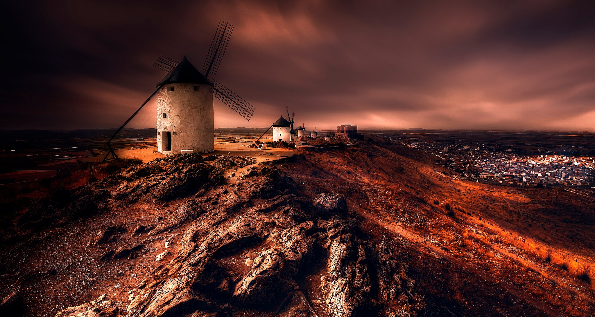 Castilla La Mancha Landscape Night Spain Windmill 2048x1093